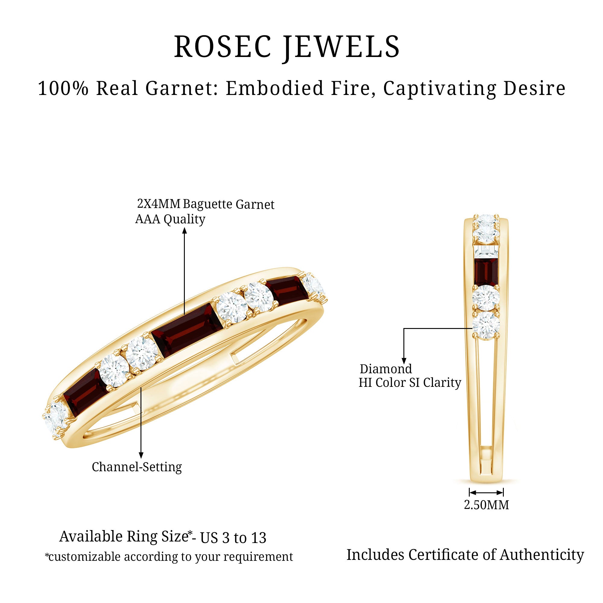 Genuine Baguette Garnet Half Eternity Band with Diamond AAA - Rosec Jewels