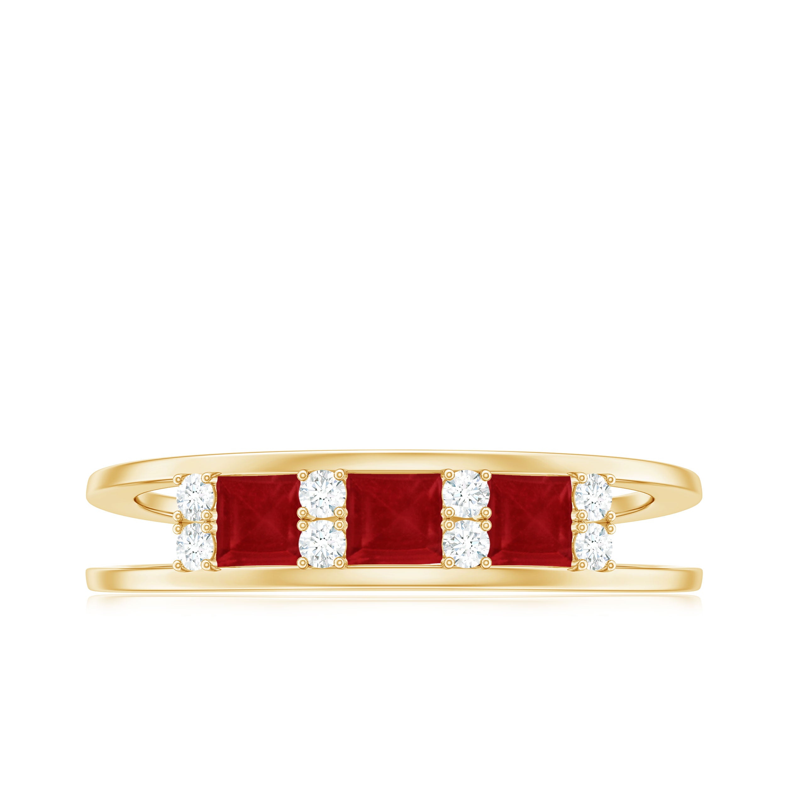 Natural Princess cut Ruby Double Band Ring with Diamond AAA - Rosec Jewels