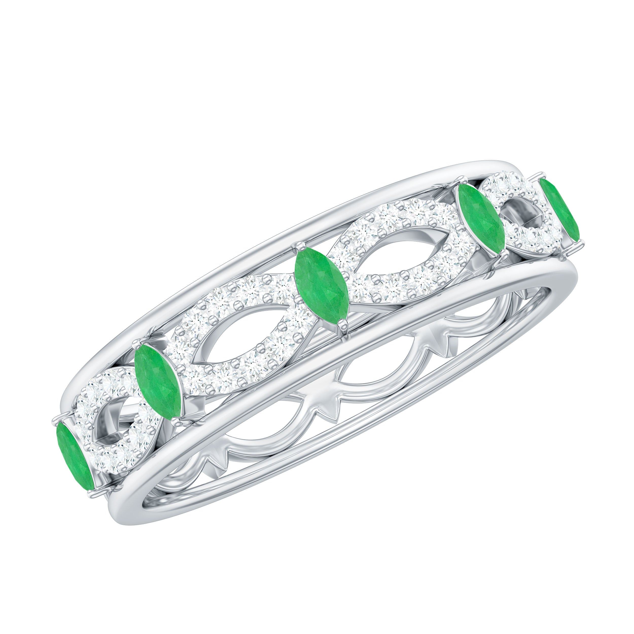 Genuine Emerald Diamond Eternity Wedding Band with Infinity Shank AAA - Rosec Jewels