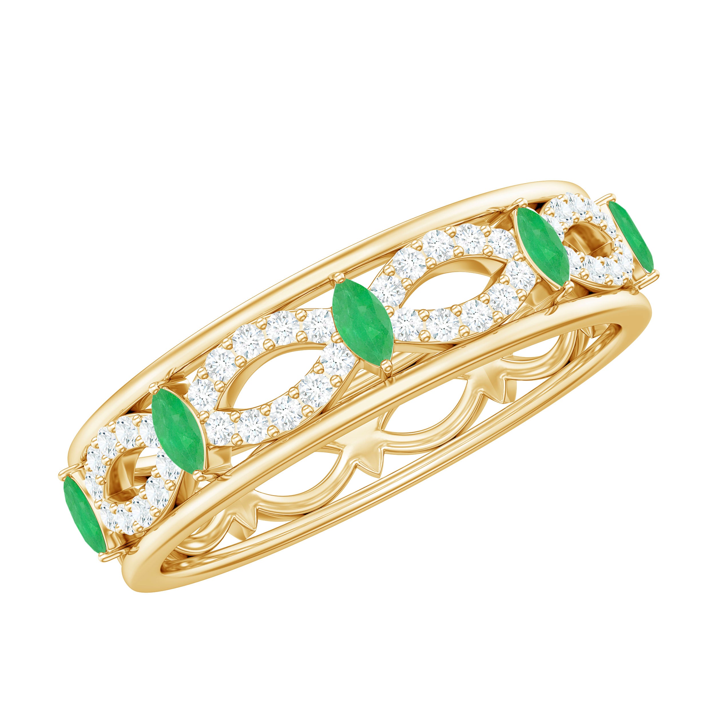 Genuine Emerald Diamond Eternity Wedding Band with Infinity Shank AAA - Rosec Jewels