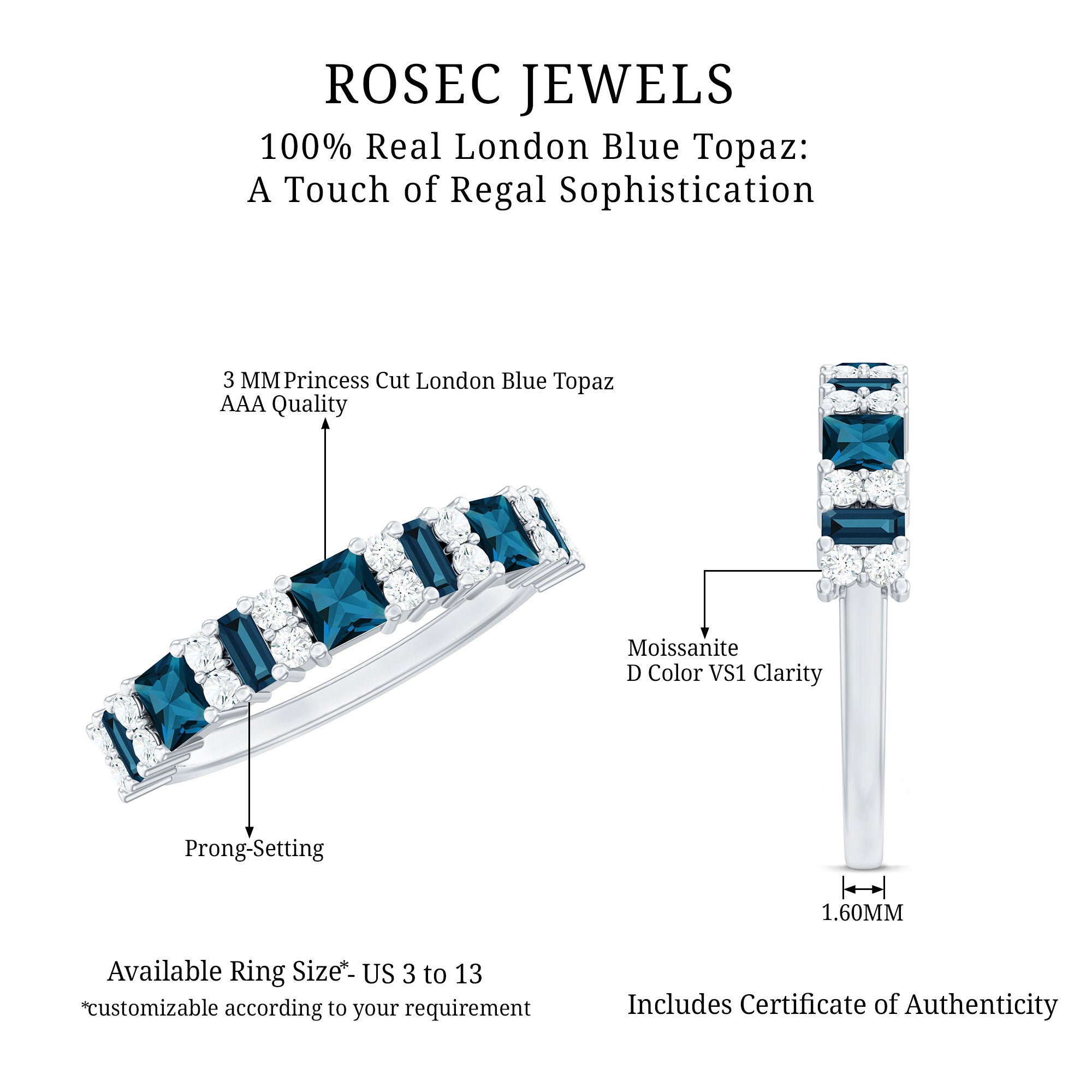 Baguette and Princess Cut London Blue Topaz Half Eternity Ring with Moissanite AAA - Rosec Jewels