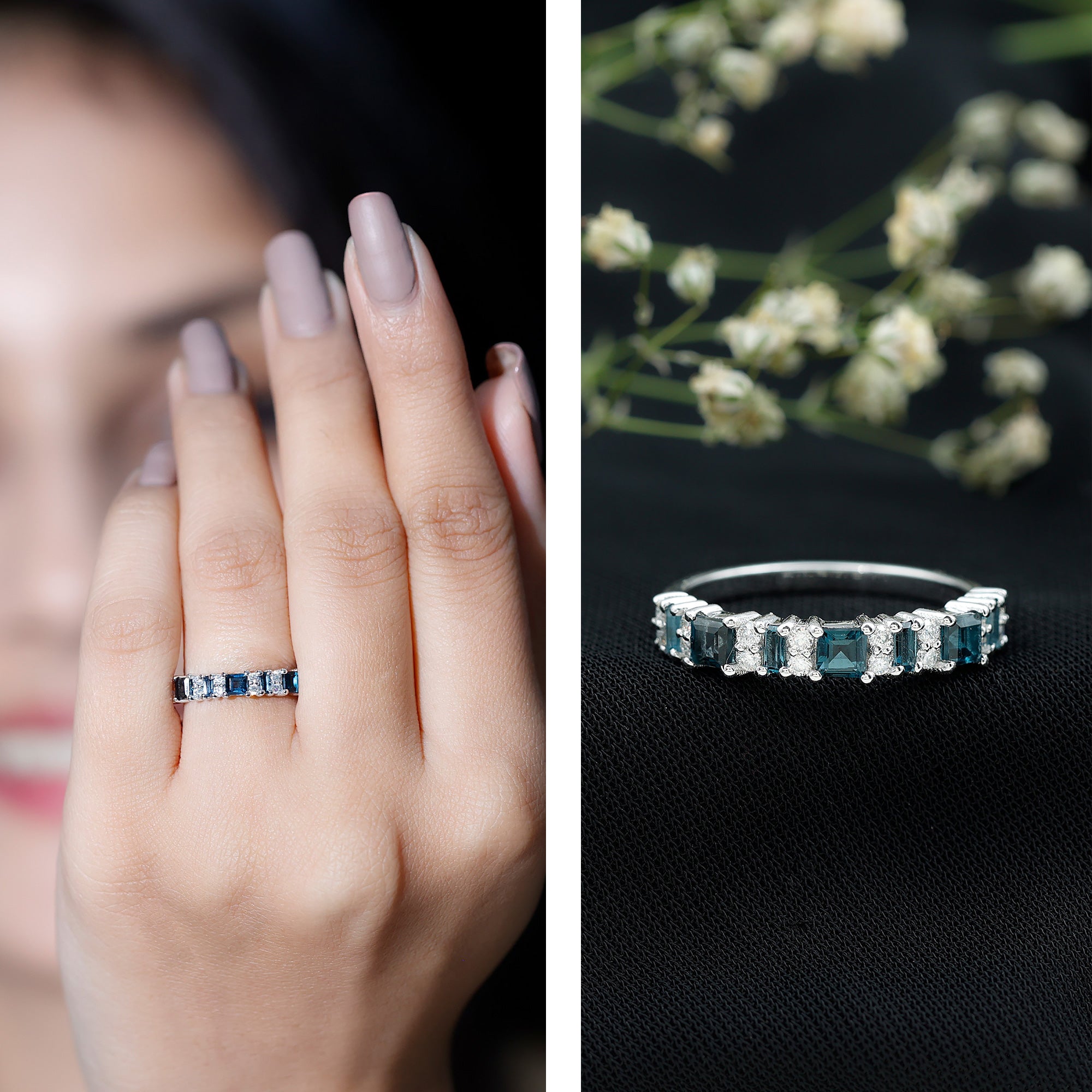 Baguette and Princess Cut London Blue Topaz Half Eternity Ring with Moissanite AAA - Rosec Jewels