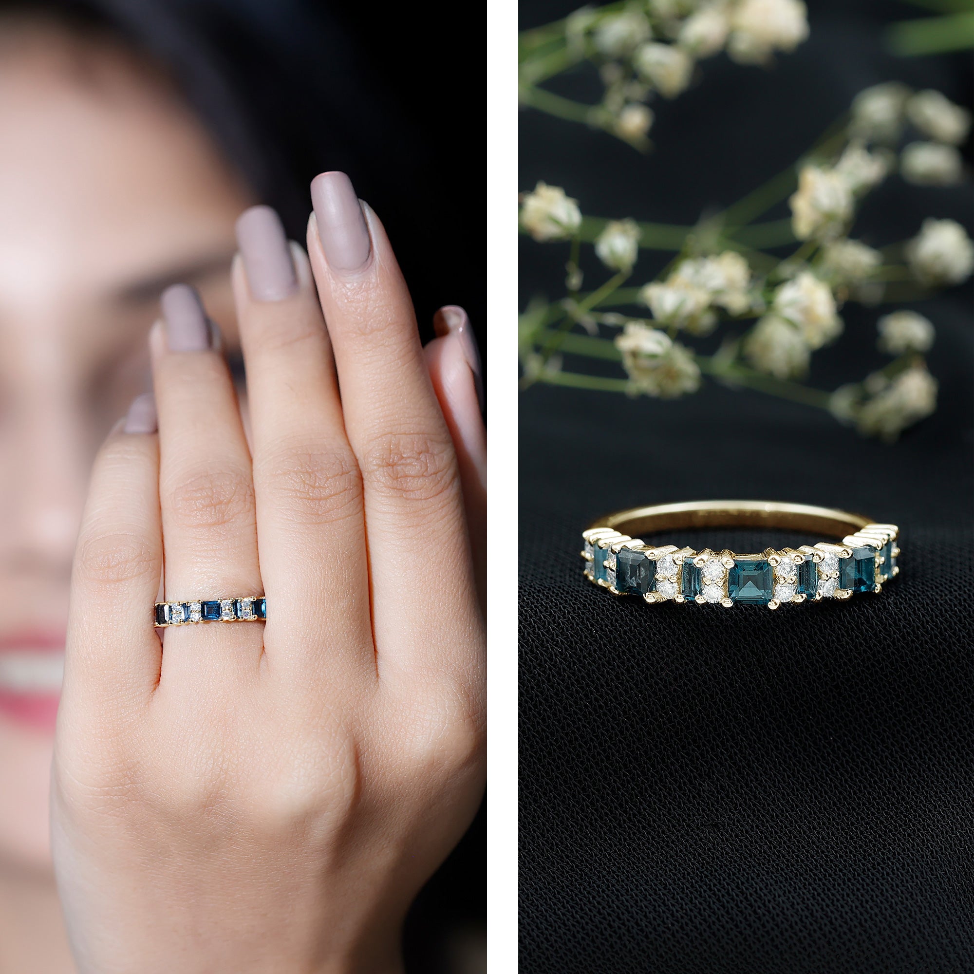Baguette and Princess Cut London Blue Topaz Half Eternity Ring with Moissanite AAA - Rosec Jewels