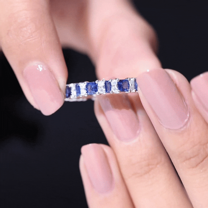 Certified Lab Grown Blue Sapphire Half Eternity Wedding Band with Diamond AAAA - Rosec Jewels