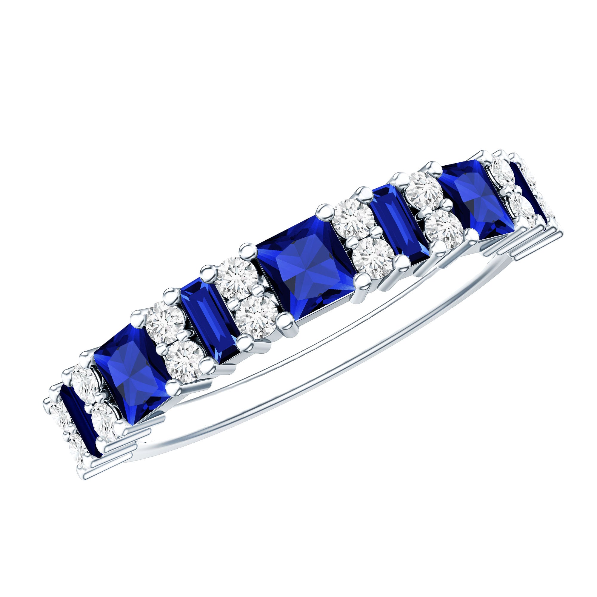 Certified Lab Grown Blue Sapphire Half Eternity Wedding Band with Diamond AAAA - Rosec Jewels