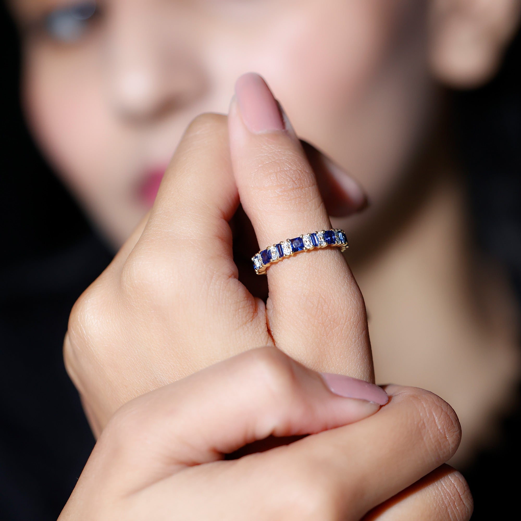 Certified Lab Grown Blue Sapphire Half Eternity Wedding Band with Diamond AAAA - Rosec Jewels
