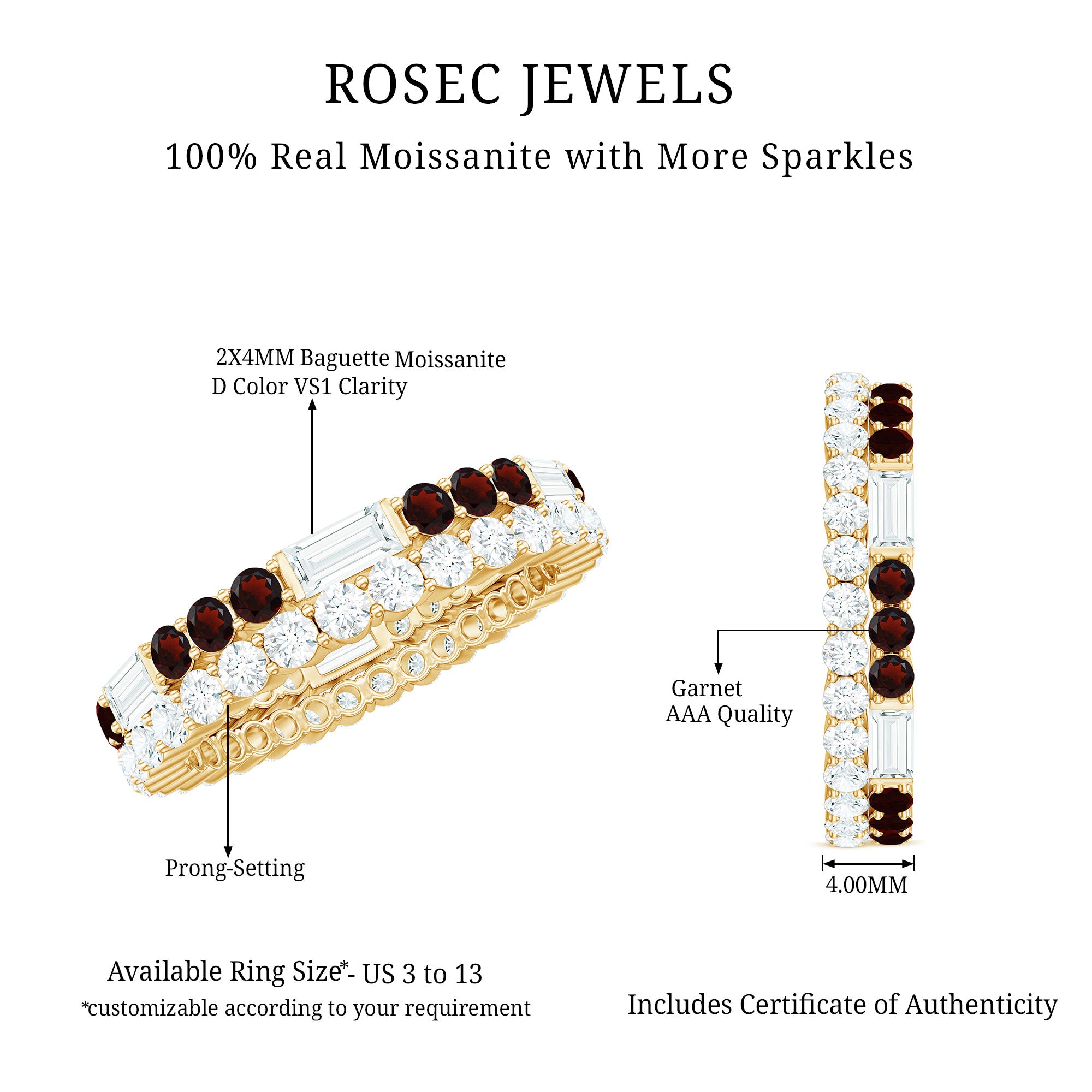 Certified Real Garnet Two Row Wedding Eternity Band Ring AAA - Rosec Jewels