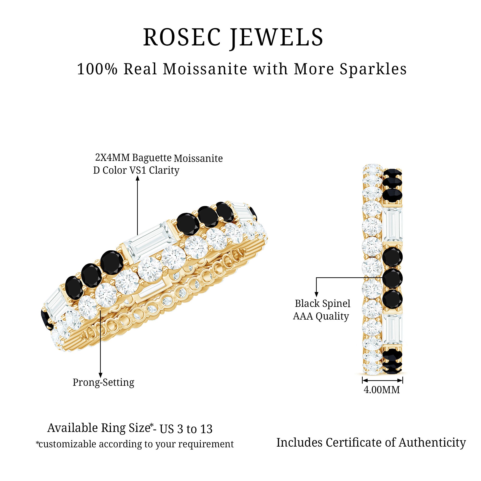 Certified Real 2 Row Black Spinel Eternity Ring with Moissanite AAA - Rosec Jewels