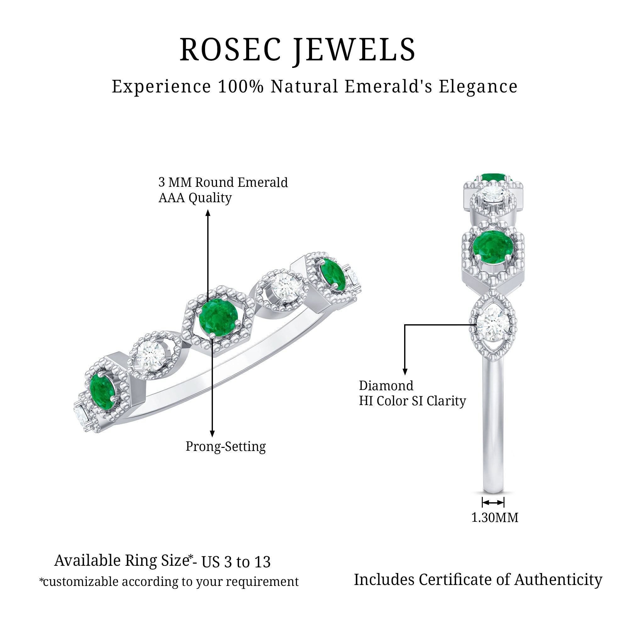 Certified Natural Emerald Art Deco Half Eternity Ring with Diamond AAA - Rosec Jewels