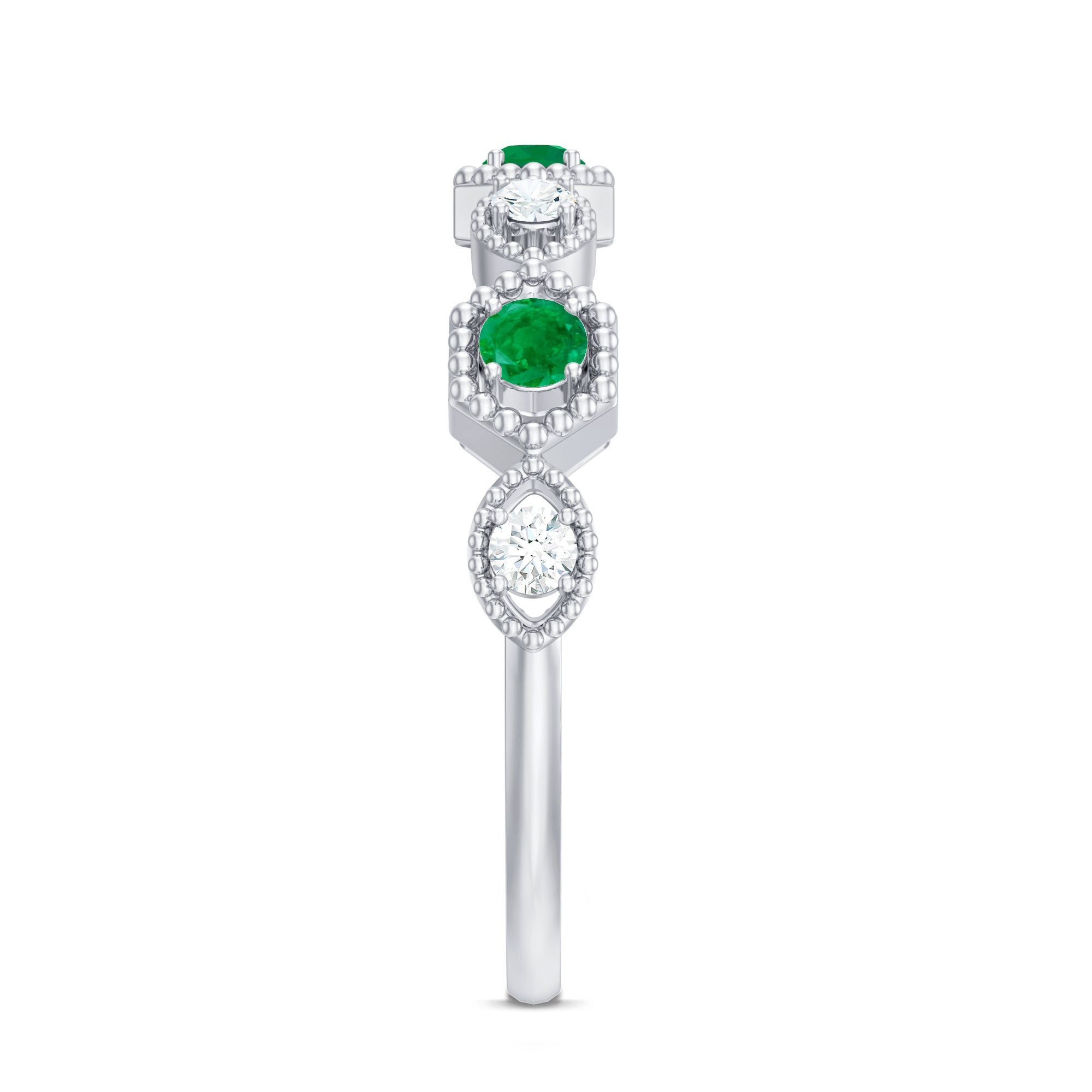 Certified Natural Emerald Art Deco Half Eternity Ring with Diamond AAA - Rosec Jewels