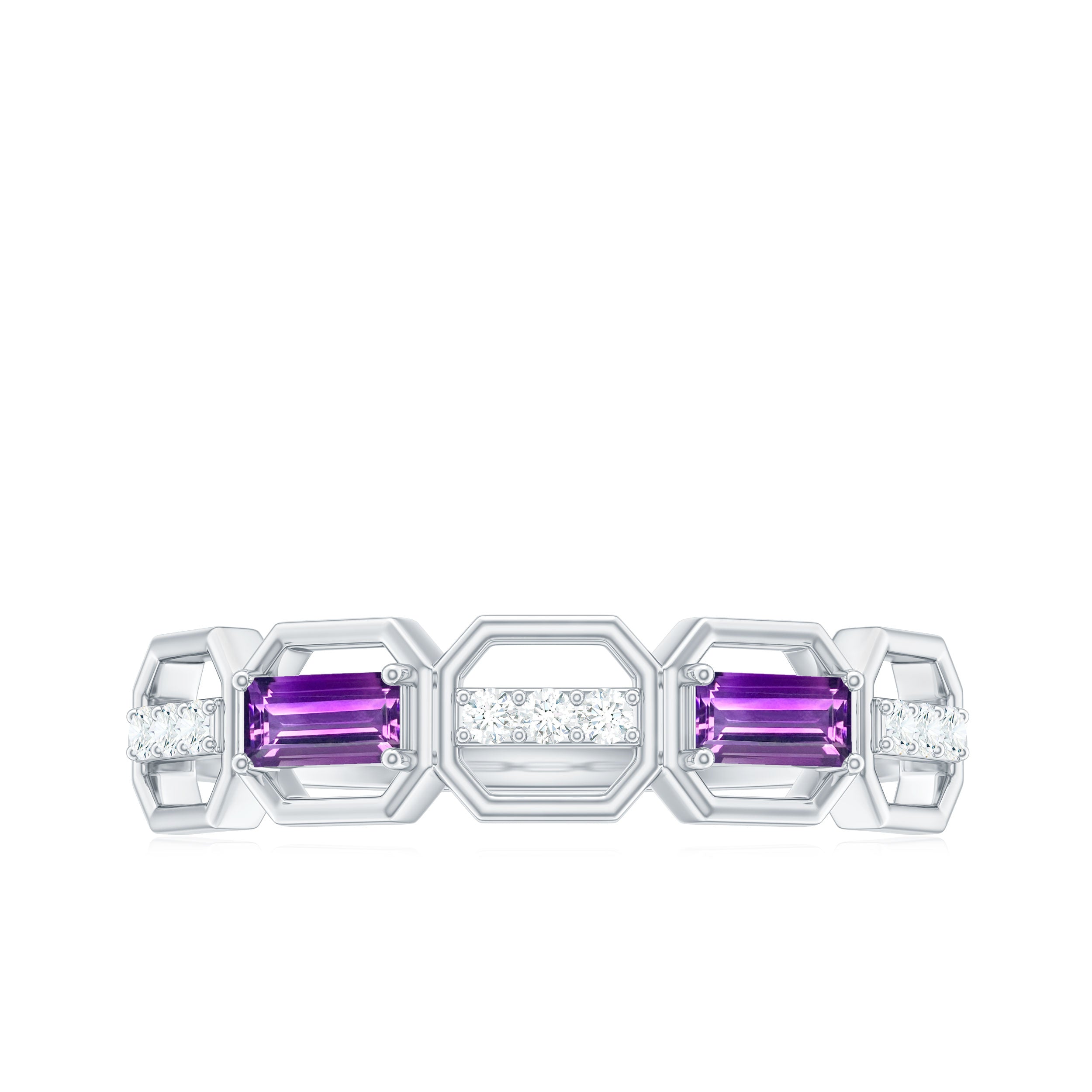 Rosec Jewels-Natural Baguette Amethyst Half Eternity Wedding Band with Diamond