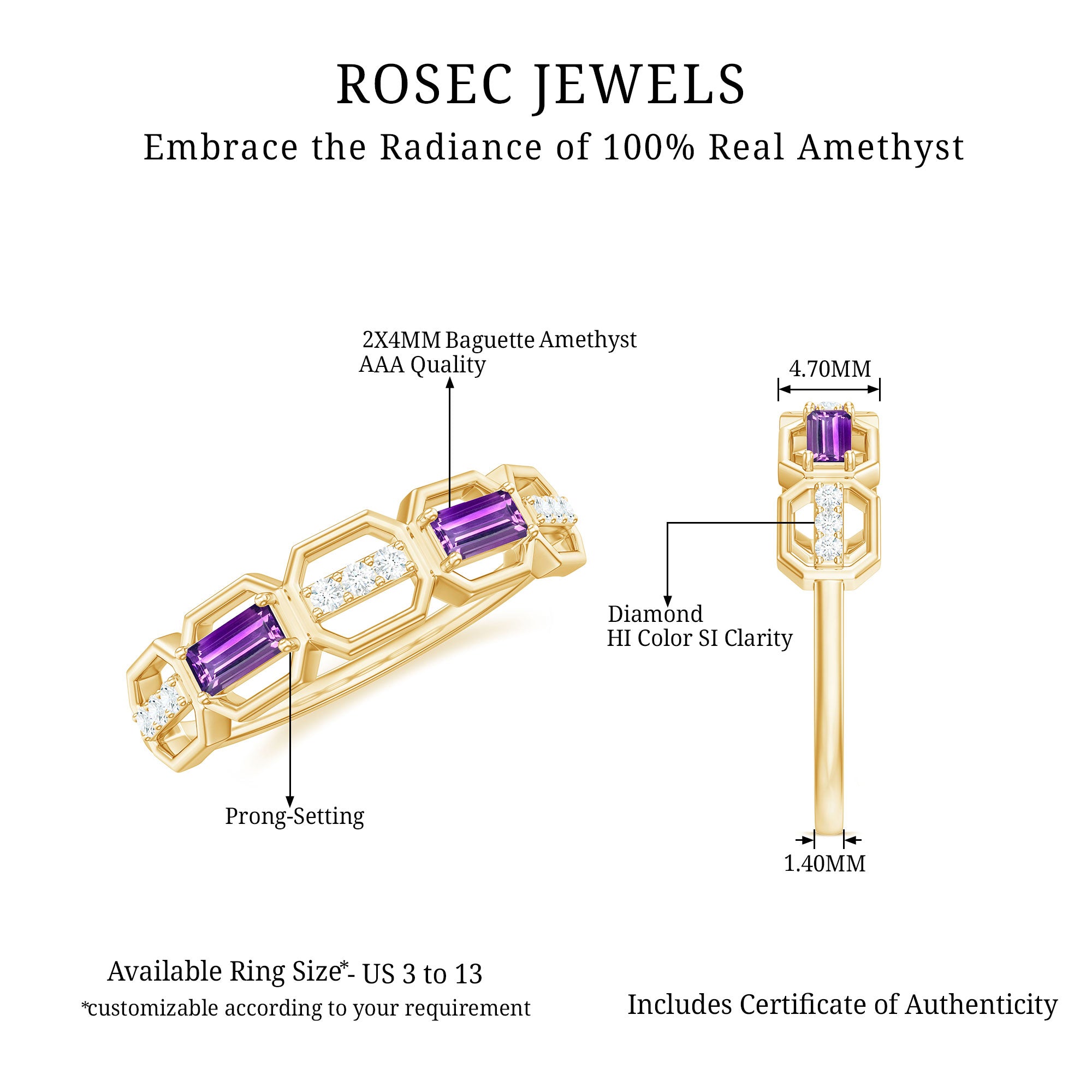 Rosec Jewels-Natural Baguette Amethyst Half Eternity Wedding Band with Diamond