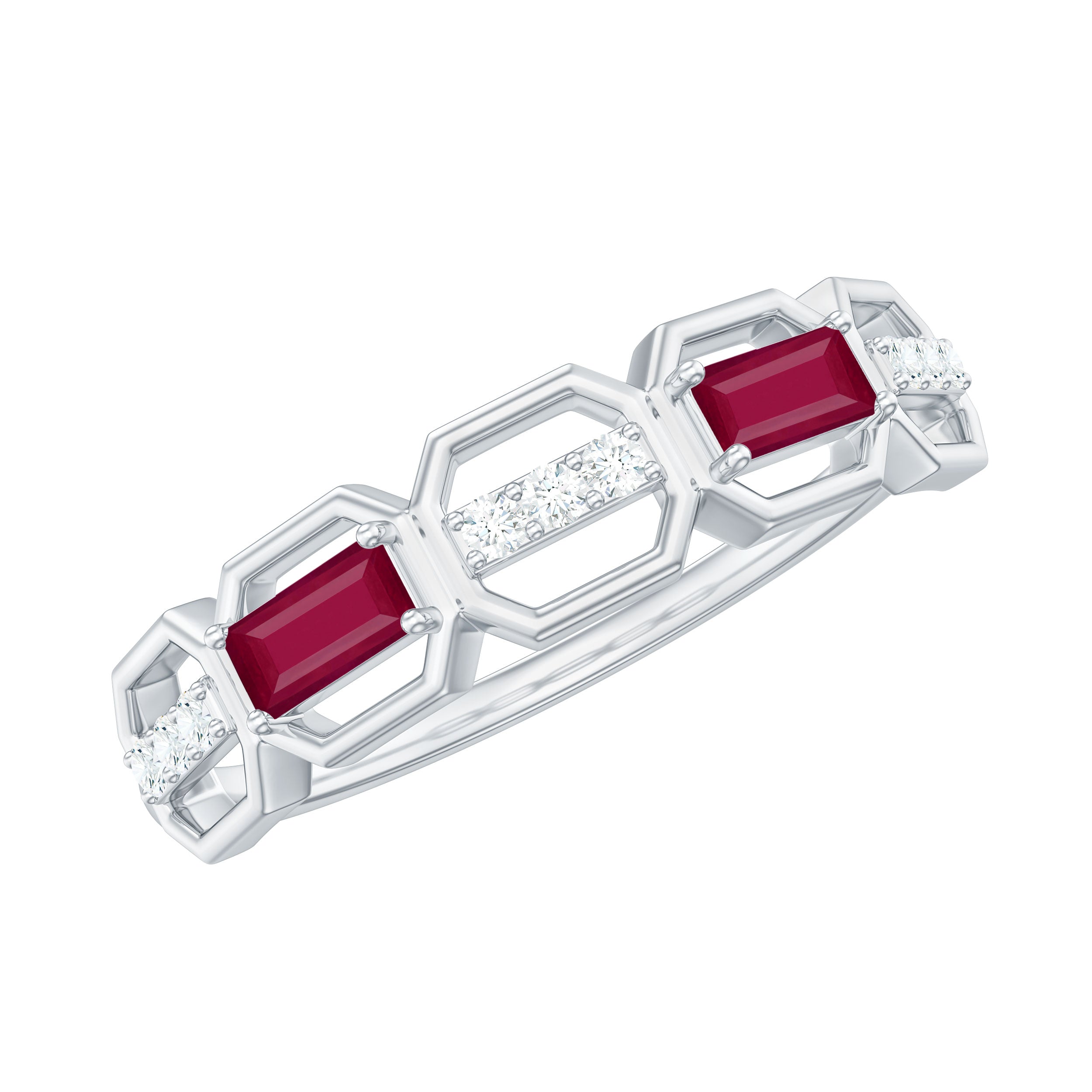 Rosec Jewels-Natural Baguette Ruby Band Ring with Diamond