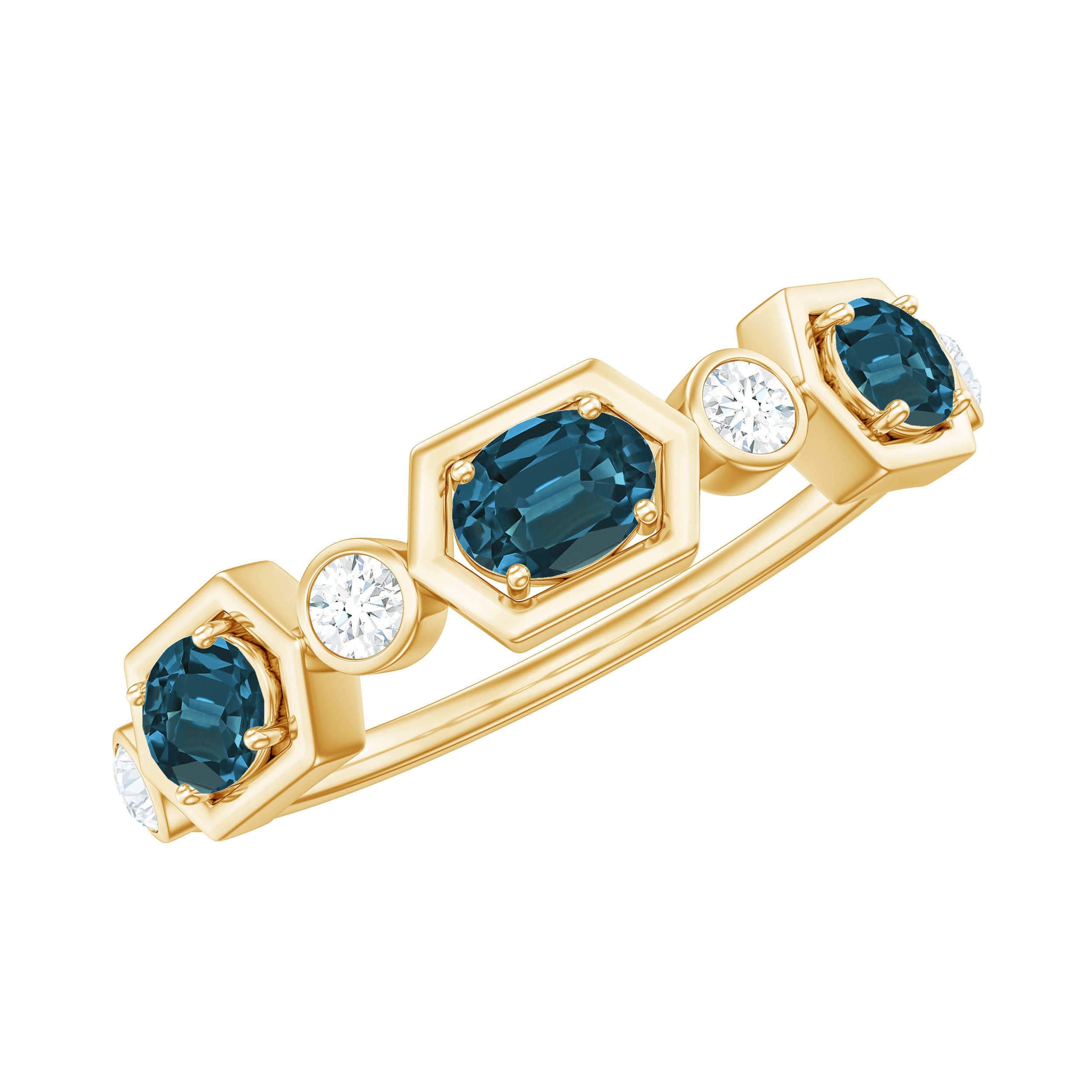 Real Certified London Blue Topaz Halft Eternity Band Ring with Diamond AAA - Rosec Jewels