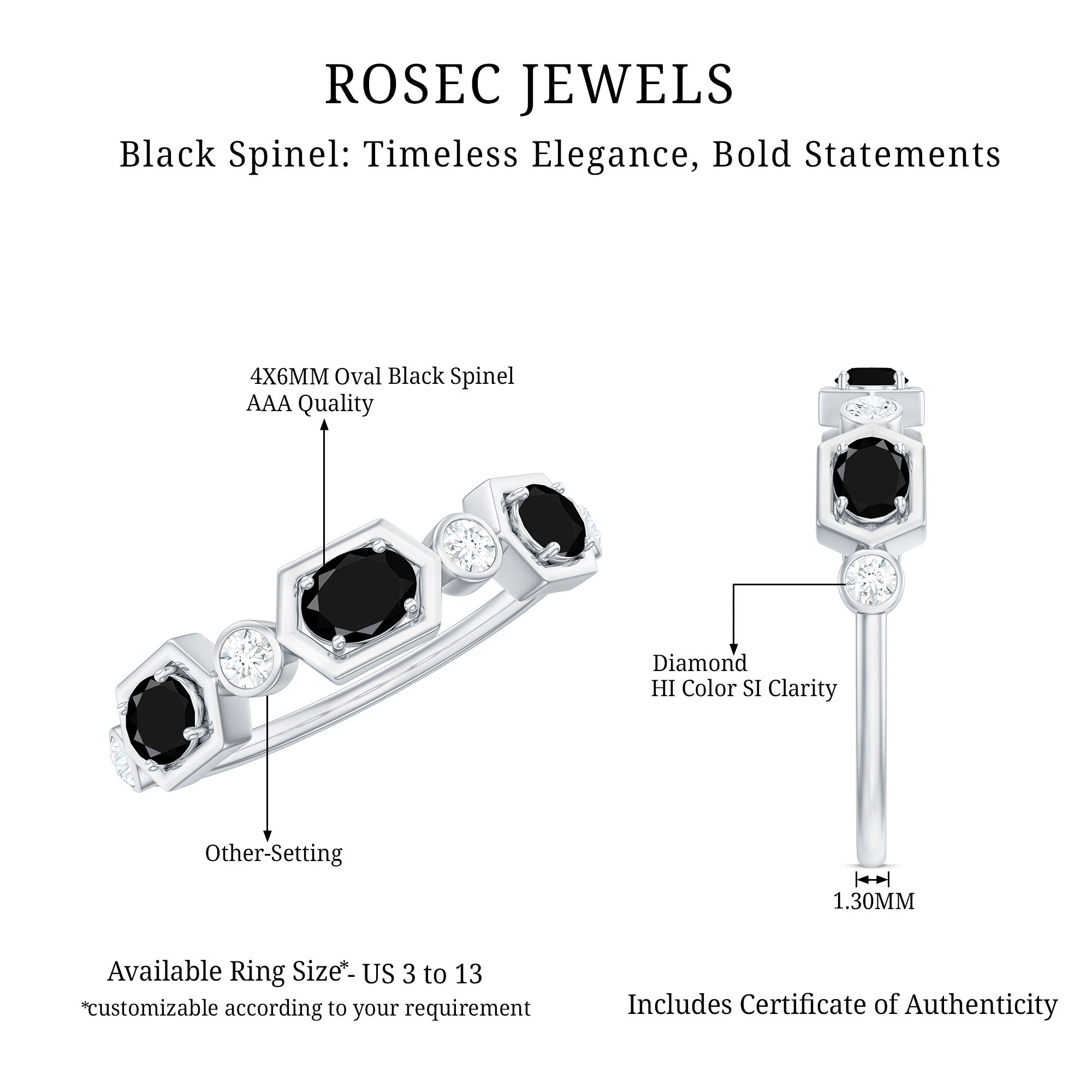 Real Black Spinel Diamond Half Eternity Ring in East West Style AAA - Rosec Jewels