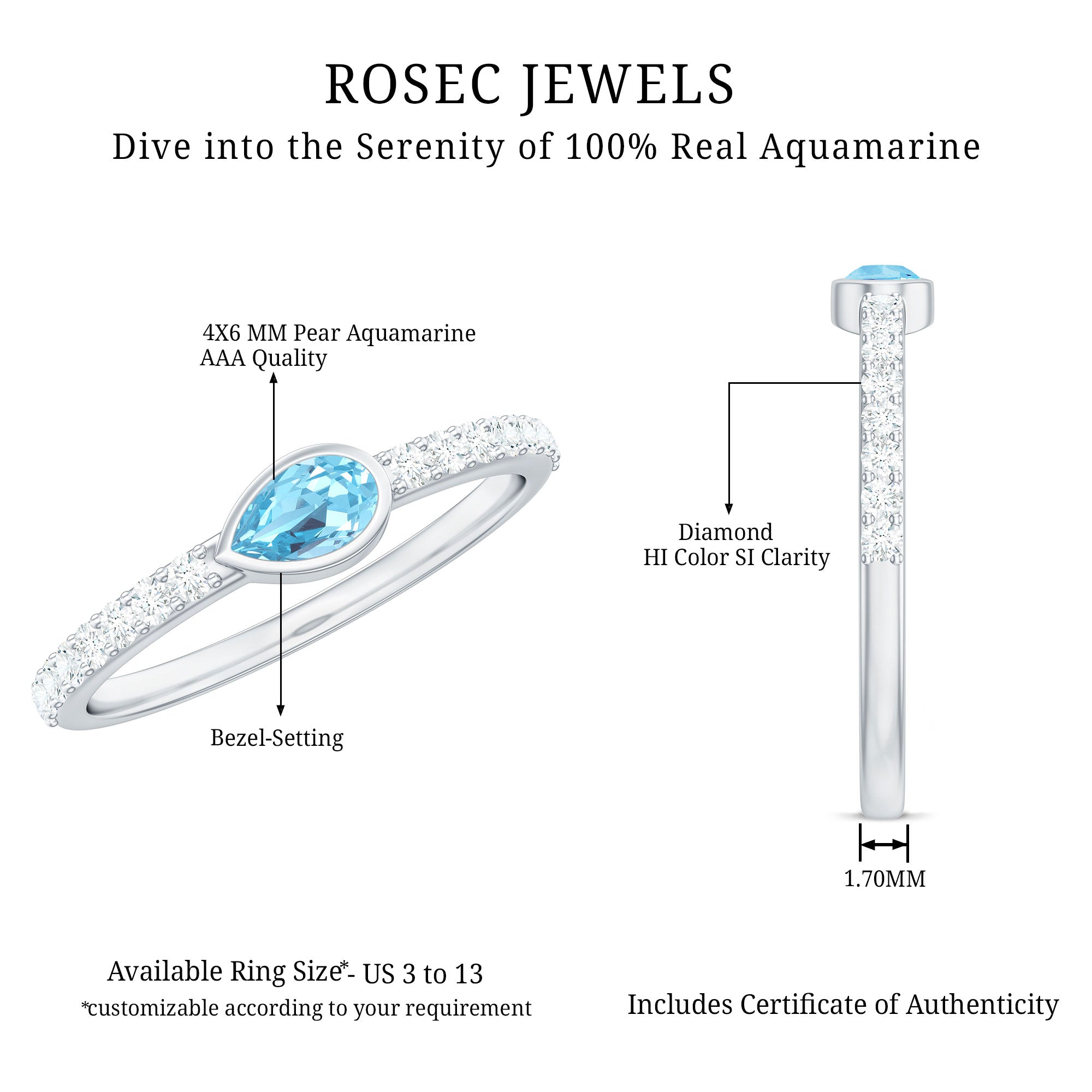 Pear Cut Aquamarine Promise Ring with Diamond AAA - Rosec Jewels