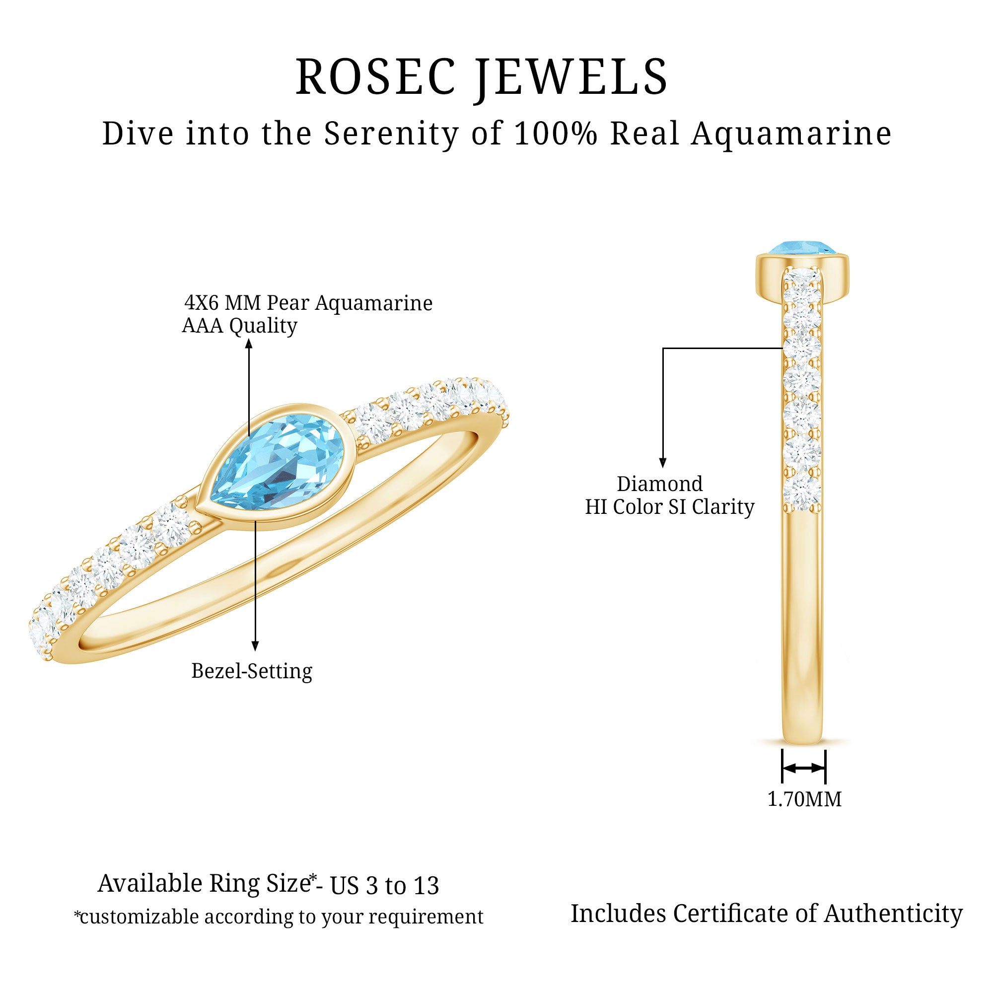 Pear Cut Aquamarine Promise Ring with Diamond AAA - Rosec Jewels