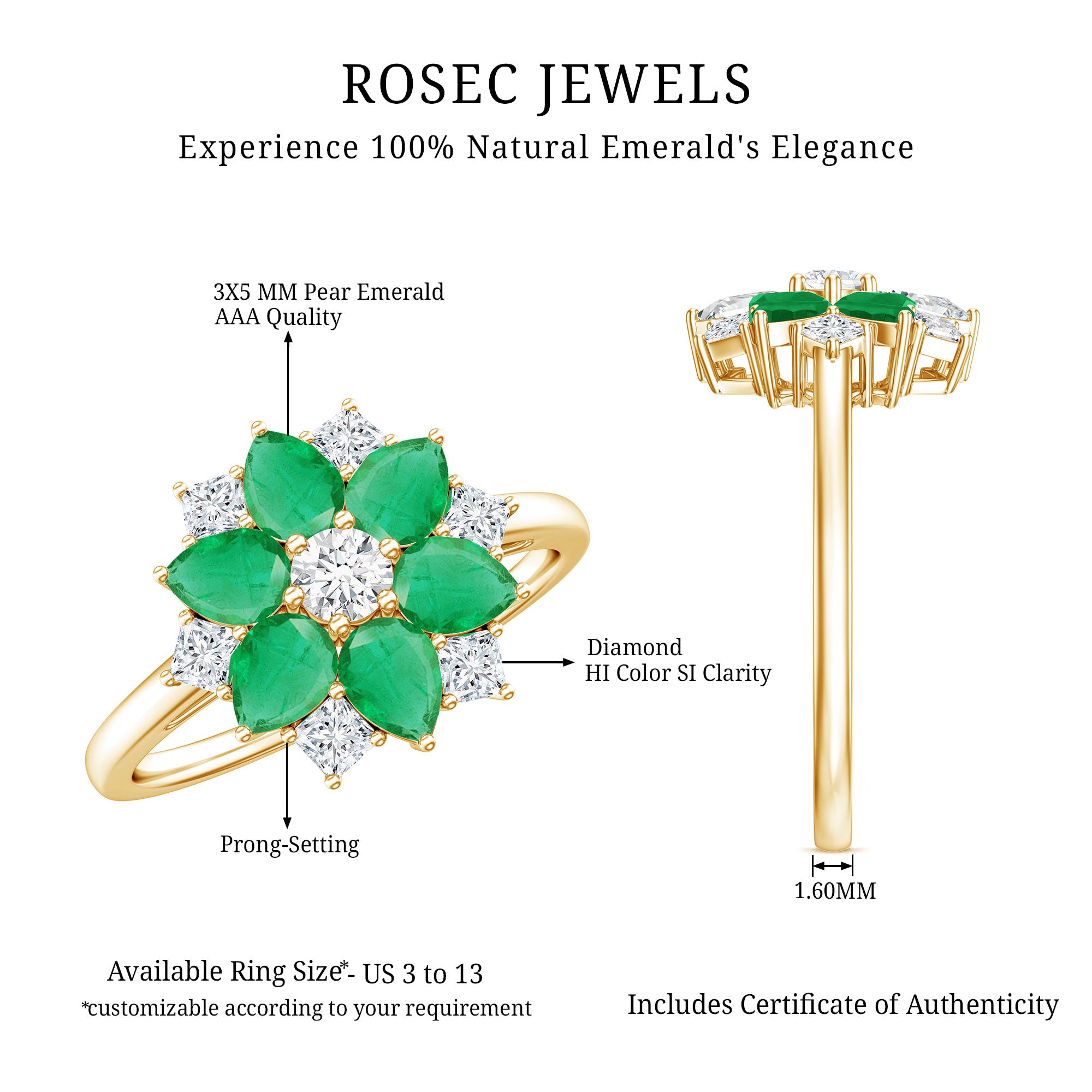 Genuine Emerald and Diamond Nature Inspired Statement Ring AAA - Rosec Jewels