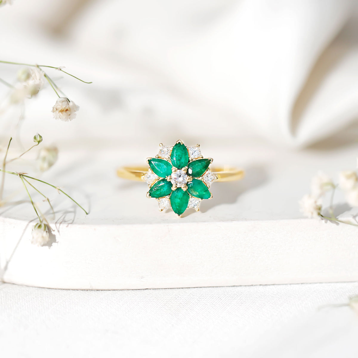 Genuine Emerald and Diamond Nature Inspired Statement Ring AAA - Rosec Jewels