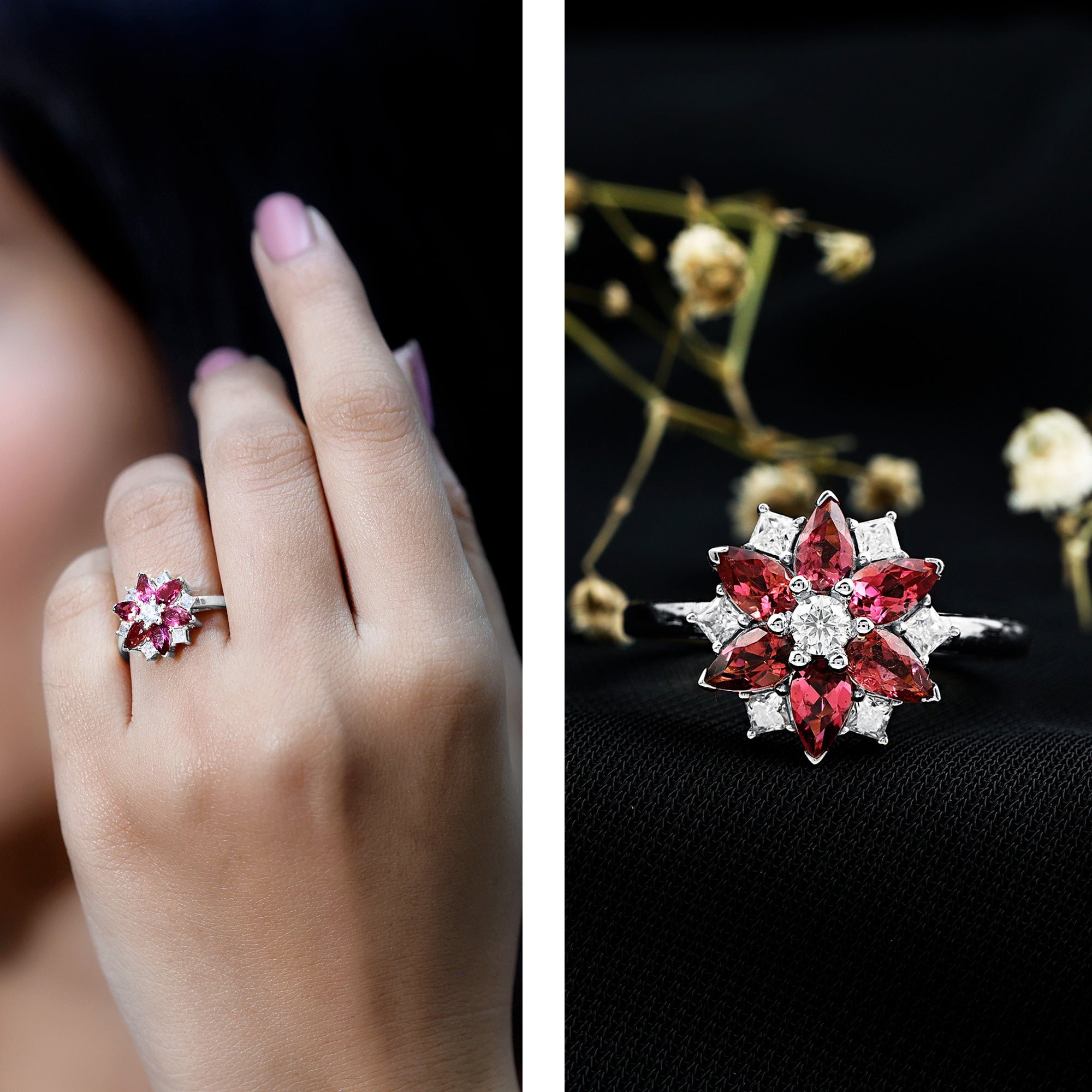 Certified Pink Tourmaline Flower Engagement Ring with Diamond AAA - Rosec Jewels
