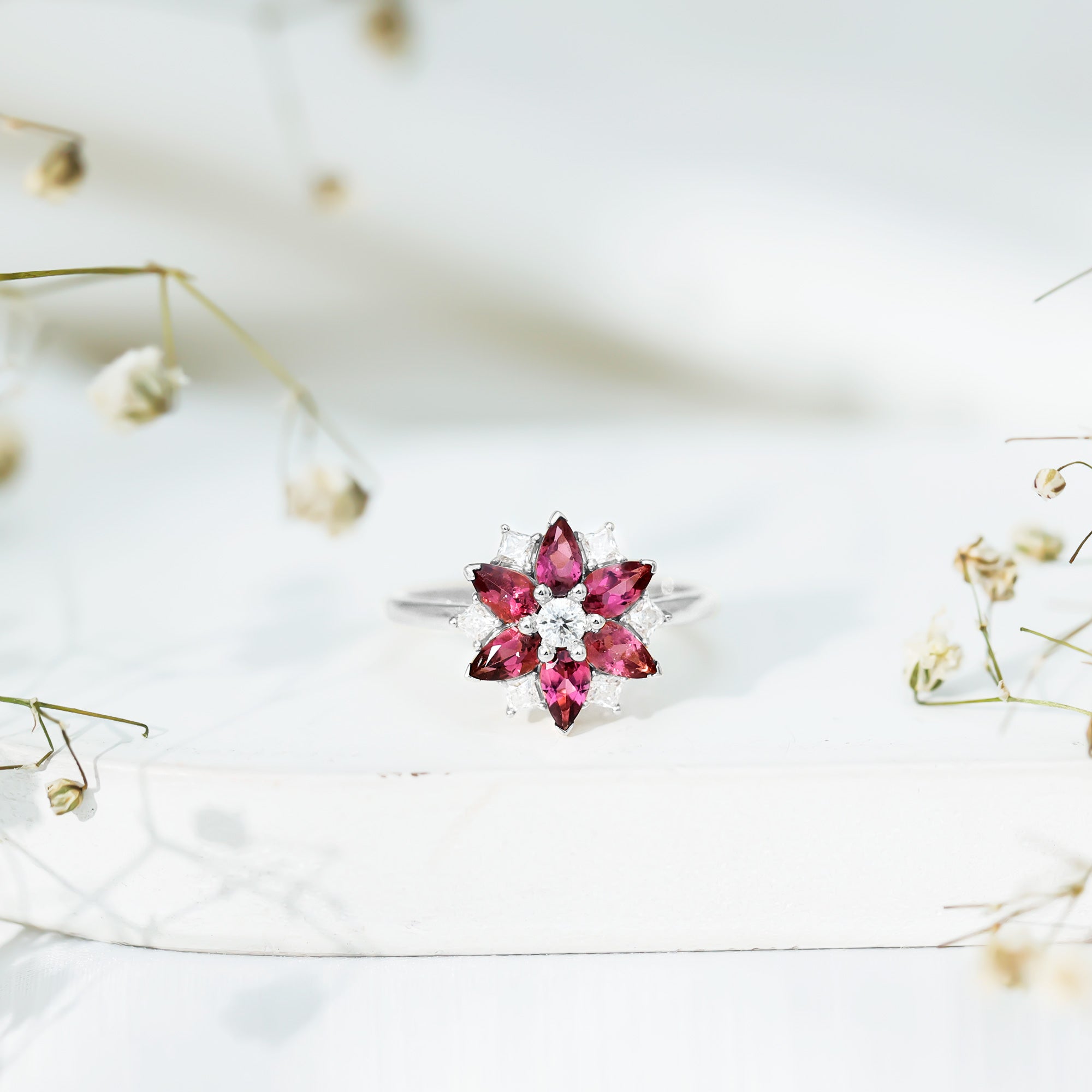 Certified Pink Tourmaline Flower Engagement Ring with Diamond AAA - Rosec Jewels