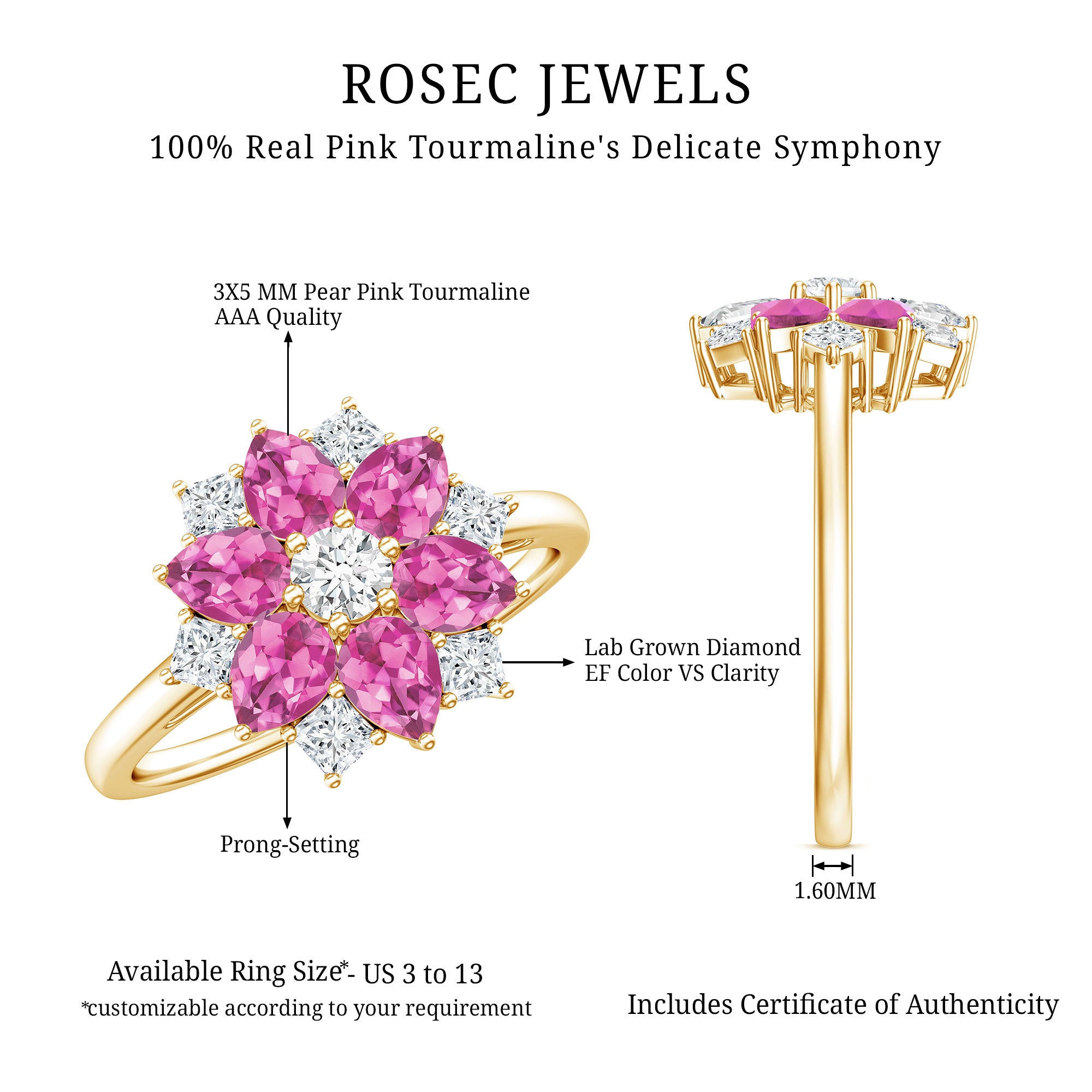 Certified Pink Tourmaline Flower Engagement Ring with Diamond AAA - Rosec Jewels