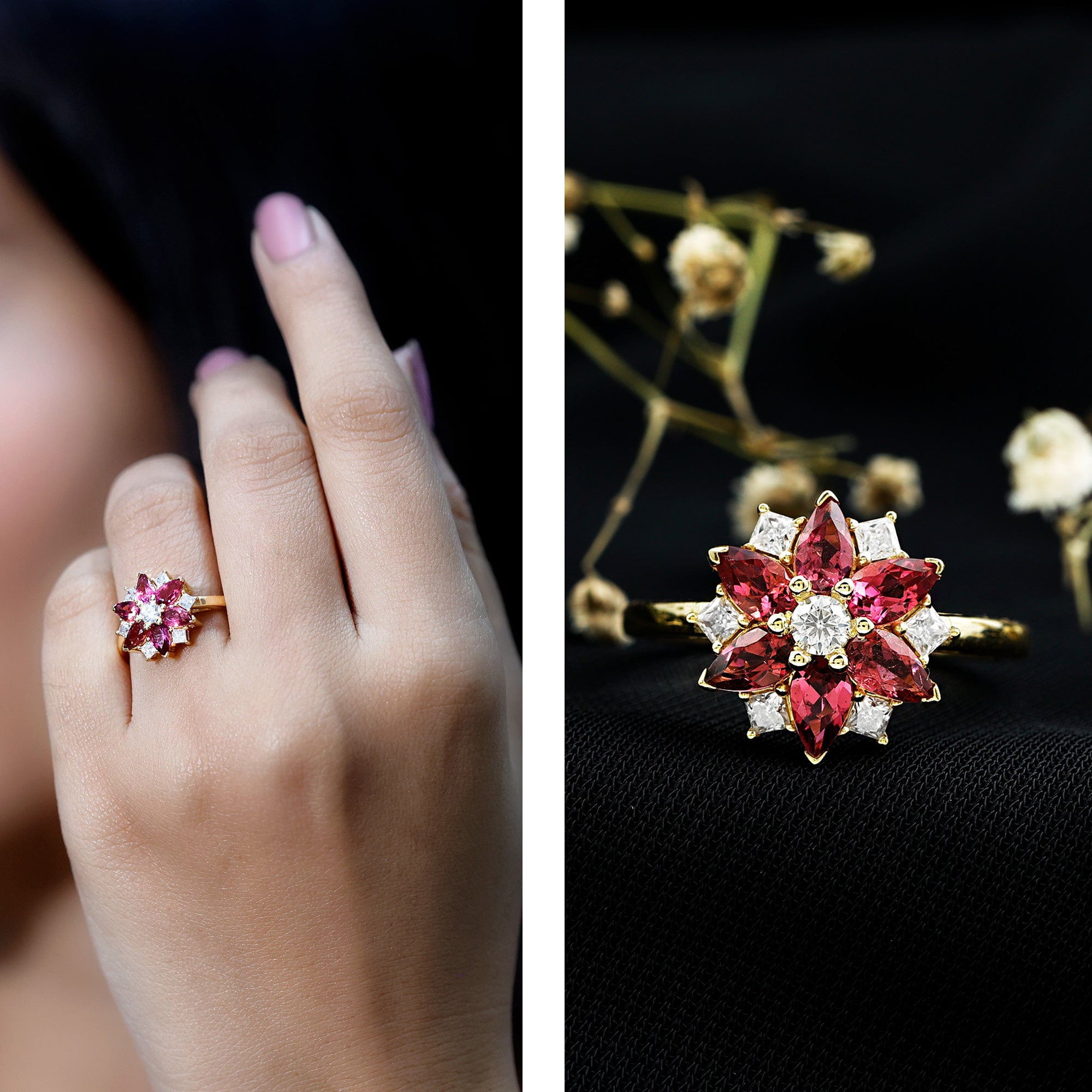 Certified Pink Tourmaline Flower Engagement Ring with Diamond AAA - Rosec Jewels