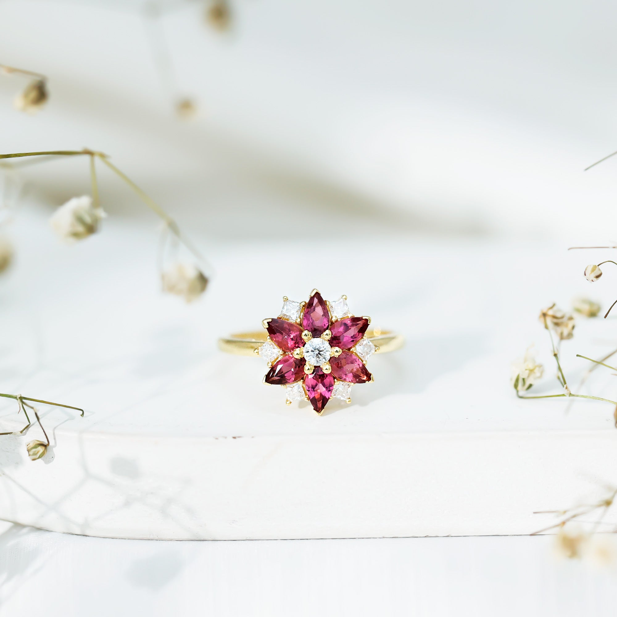 Certified Pink Tourmaline Flower Engagement Ring with Diamond AAA - Rosec Jewels