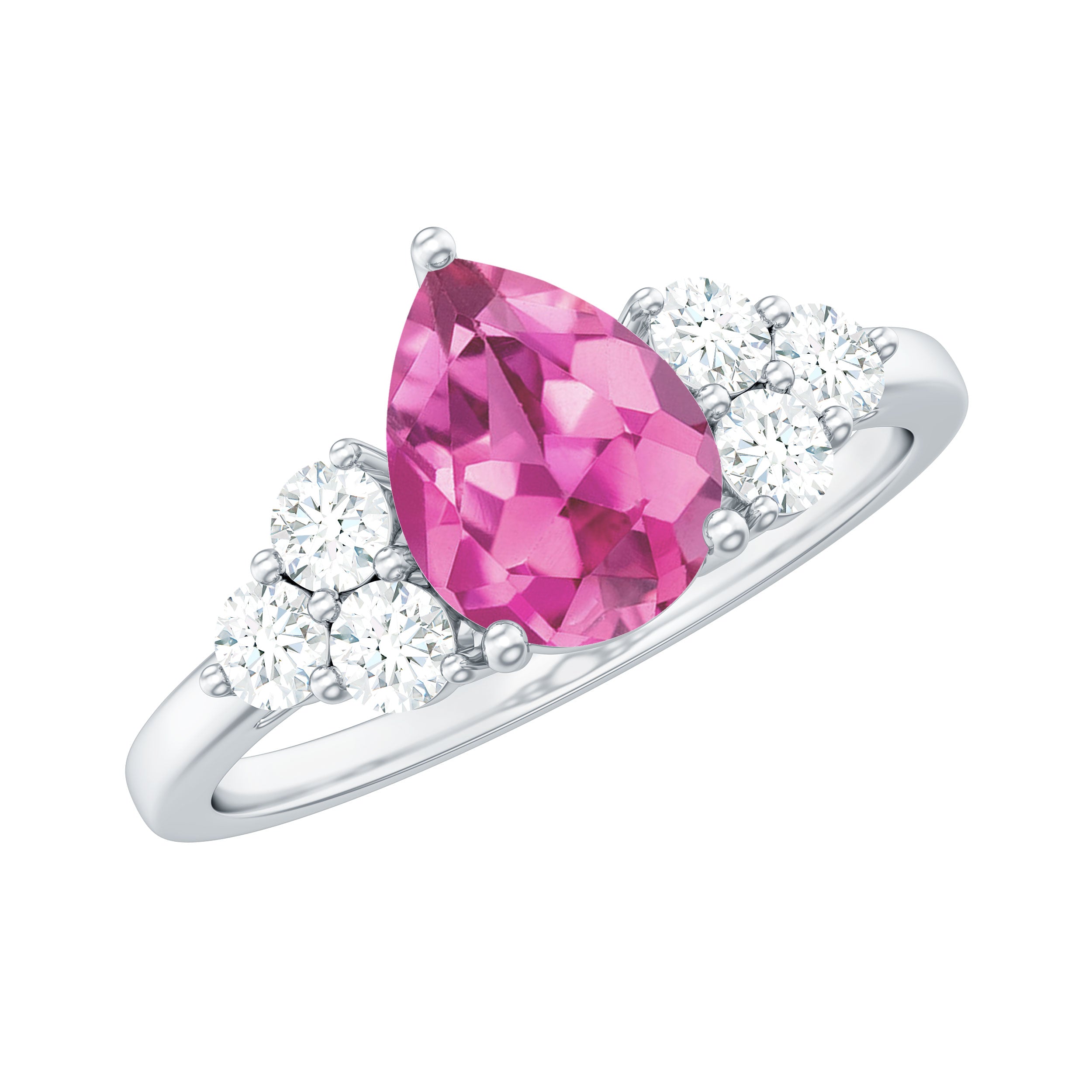 Pear Shaped Pink Tourmaline Solitaire Engagement Ring with Diamond Trio