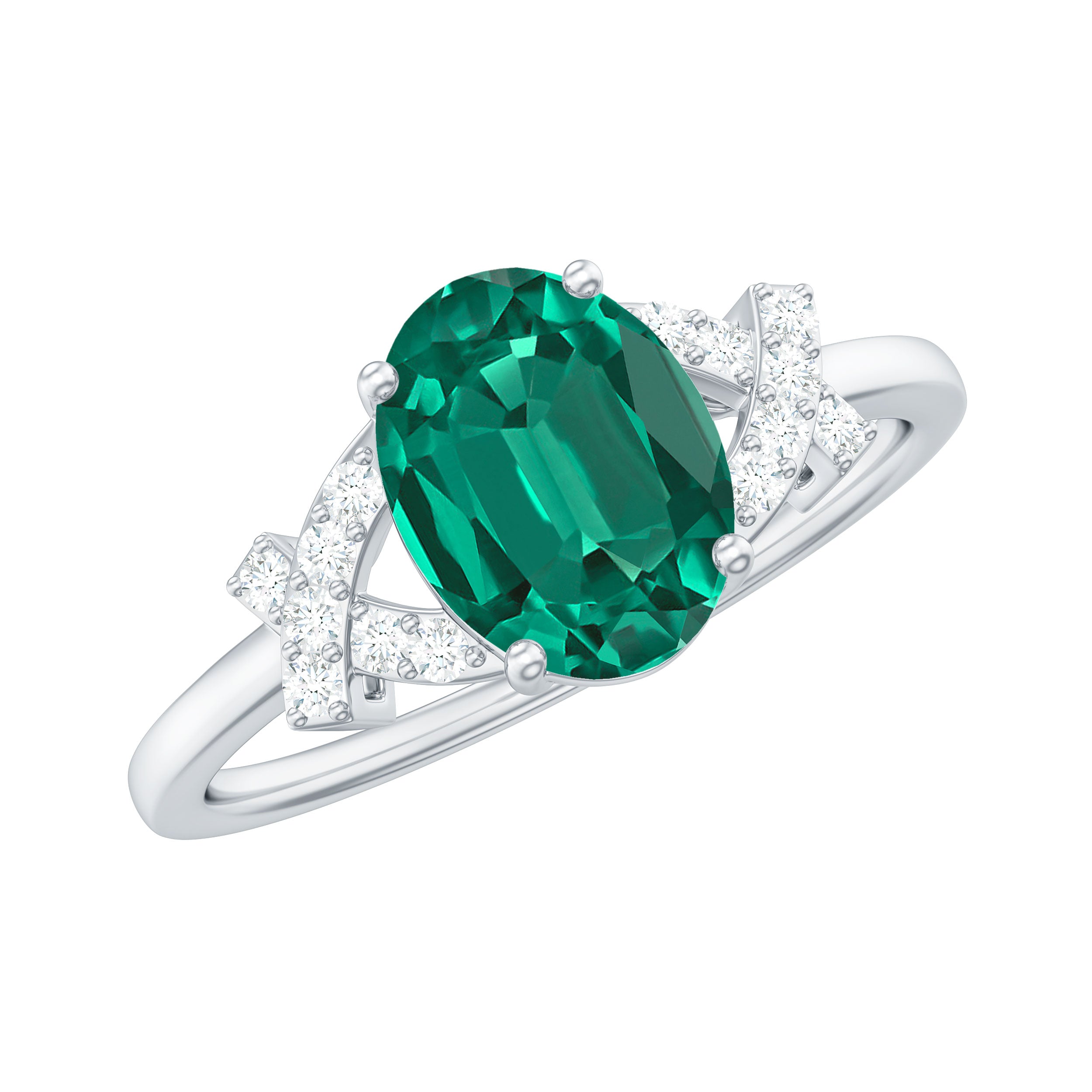 Certified 6X8 mm Lab Grown Emerald Oval Engagement Ring with Diamond