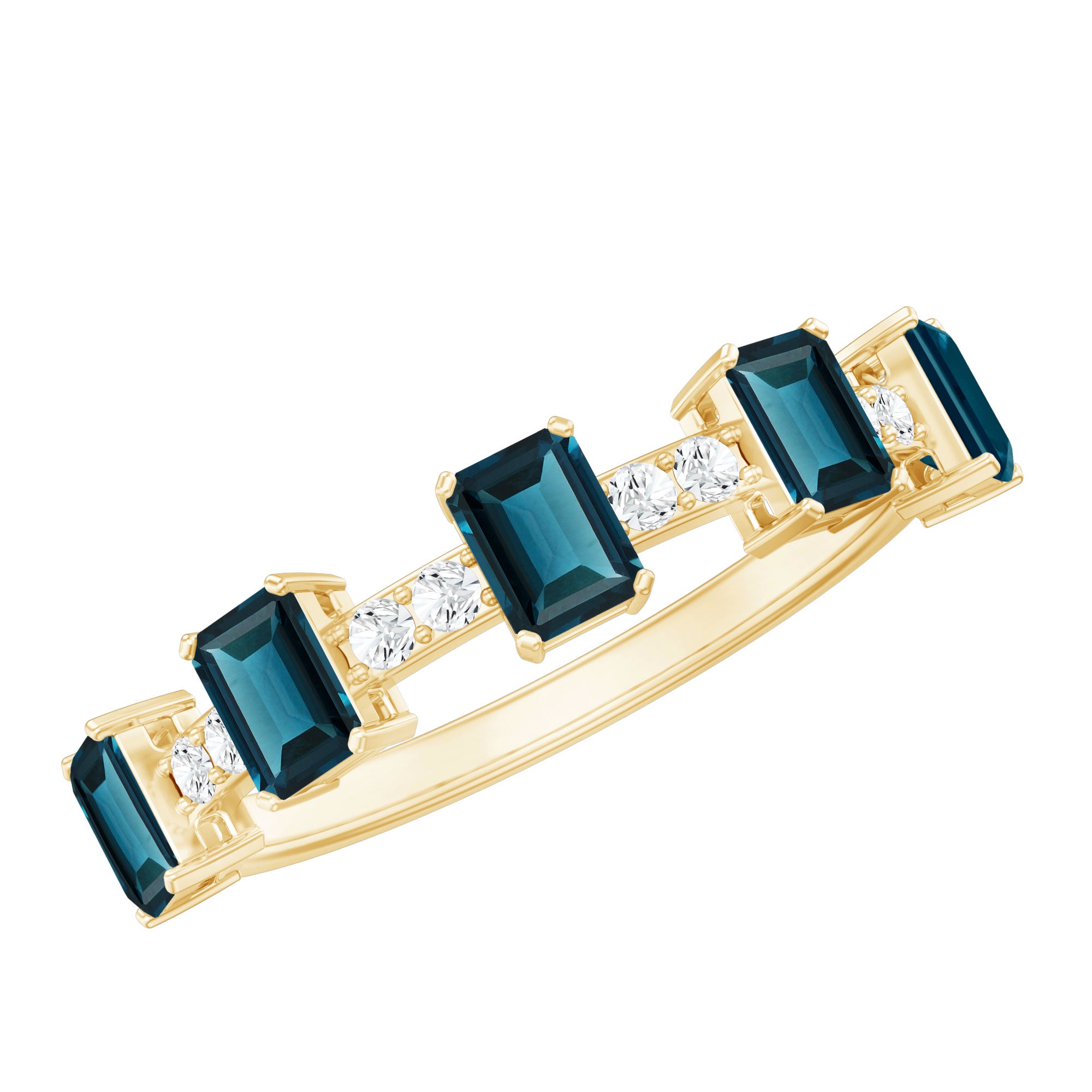 4X6mm Emerald Cut London Blue Topaz Half Eternity Band with Diamond AAA - Rosec Jewels