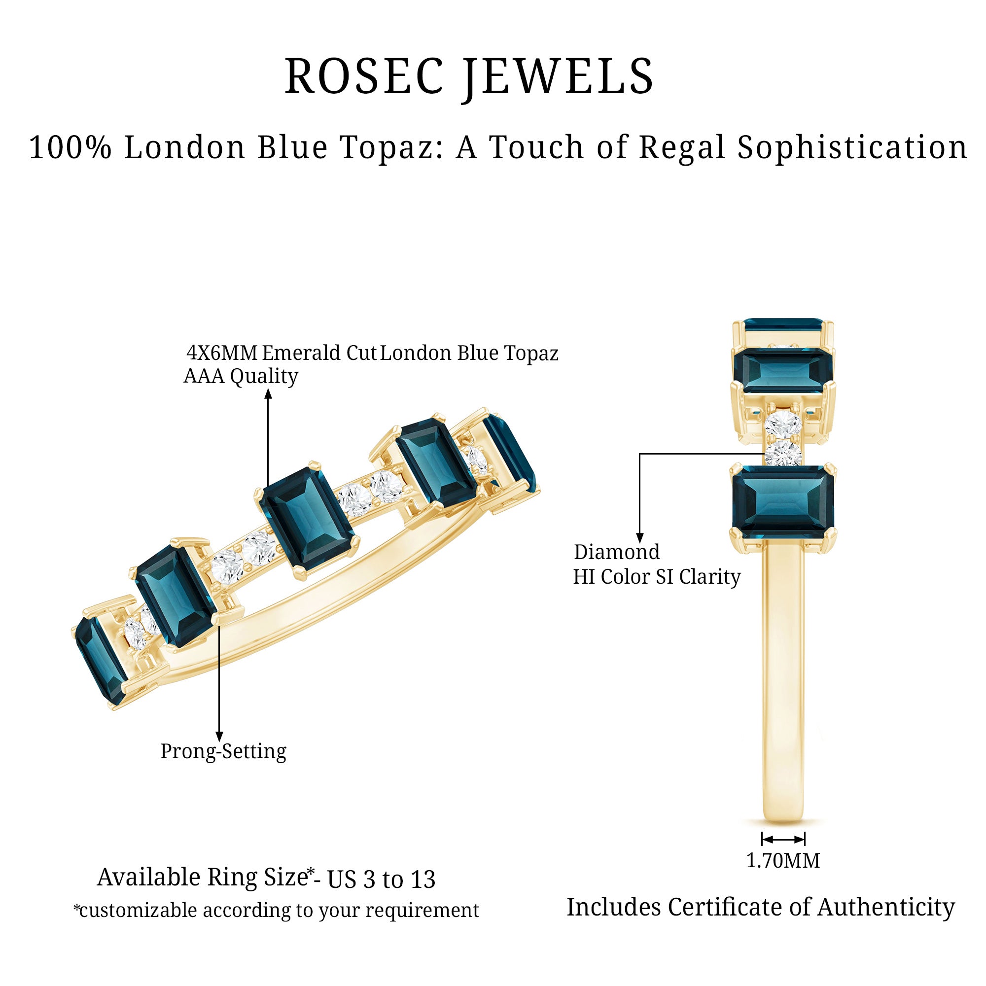 4X6mm Emerald Cut London Blue Topaz Half Eternity Band with Diamond AAA - Rosec Jewels
