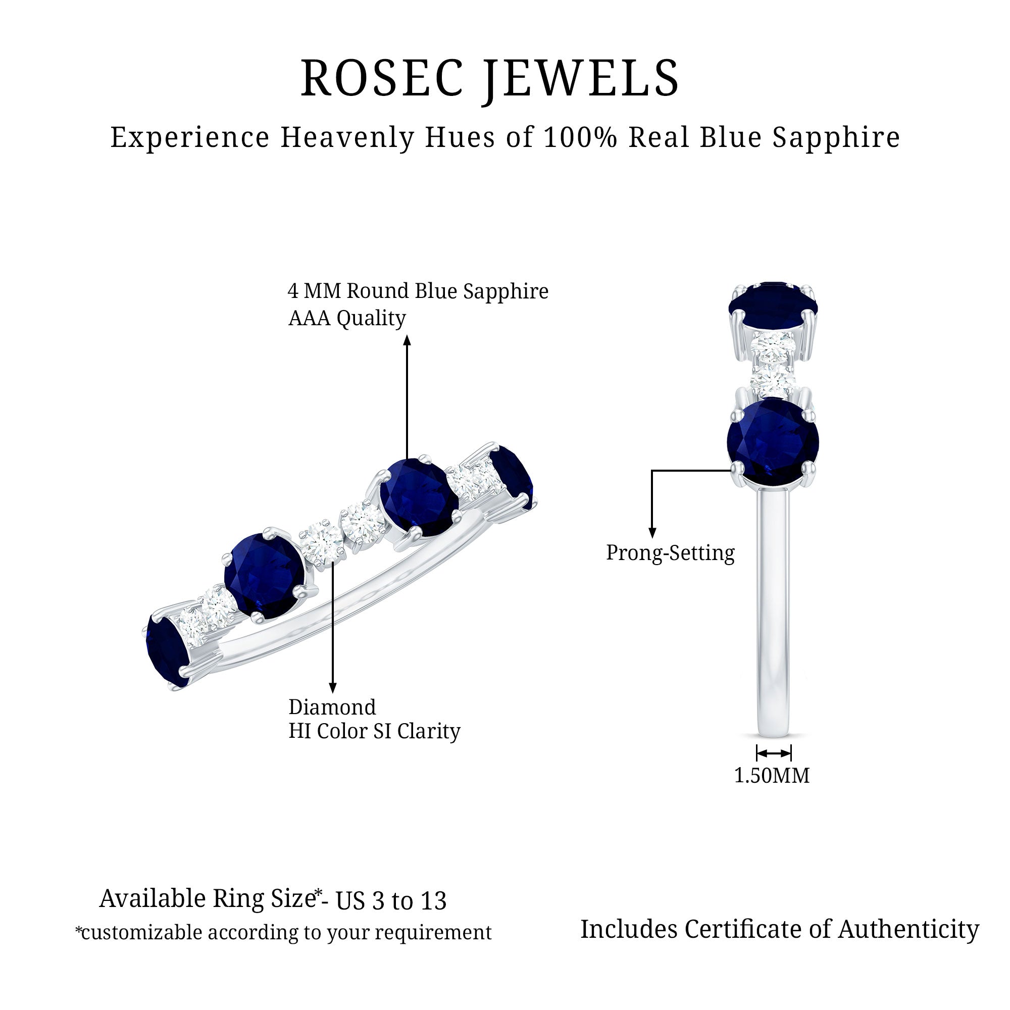 Genuine Blue Sapphire Half Eternity Ring with Diamond AAA - Rosec Jewels
