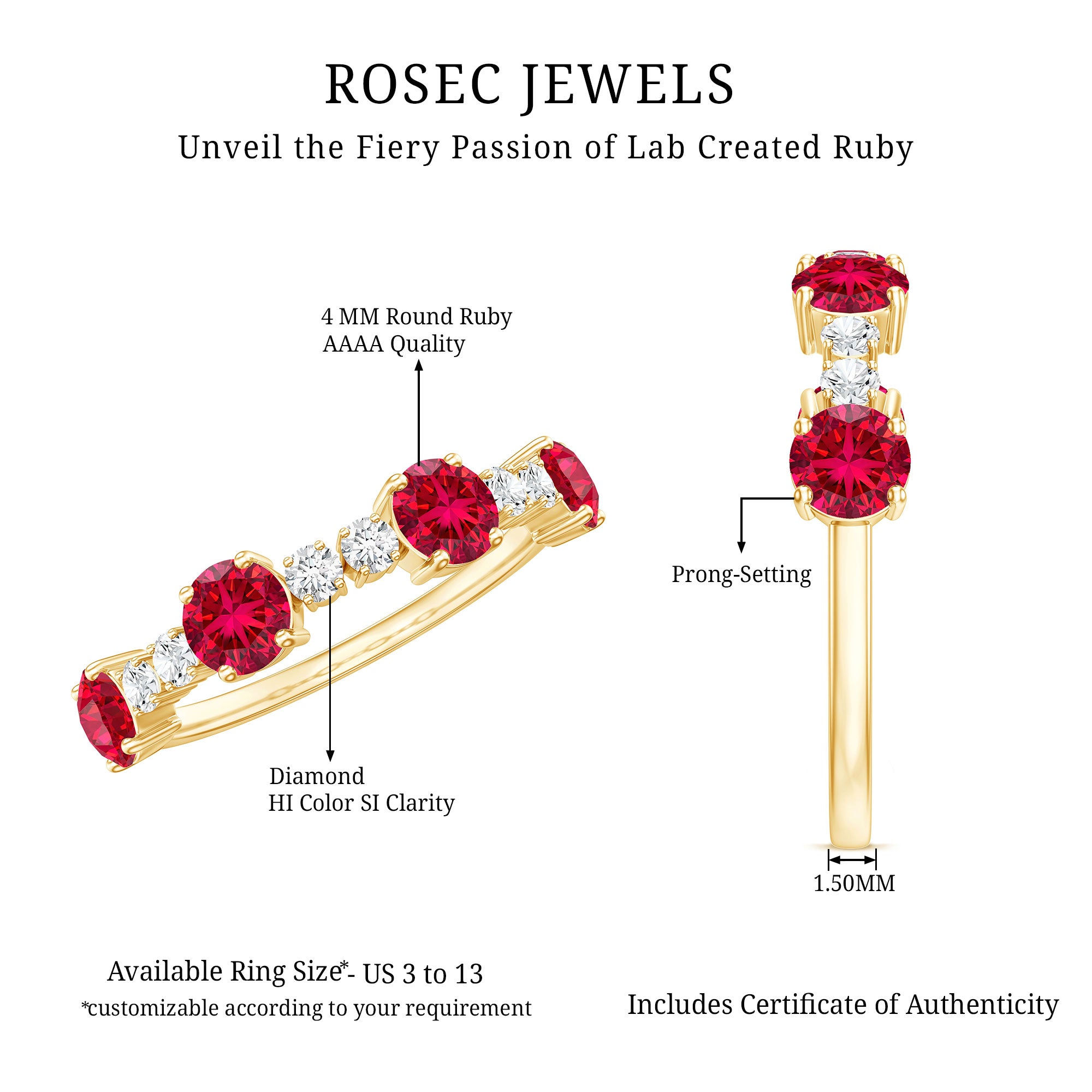 Certified Lab Grown Ruby Half Eternity Ring with Diamond AAAA - Rosec Jewels
