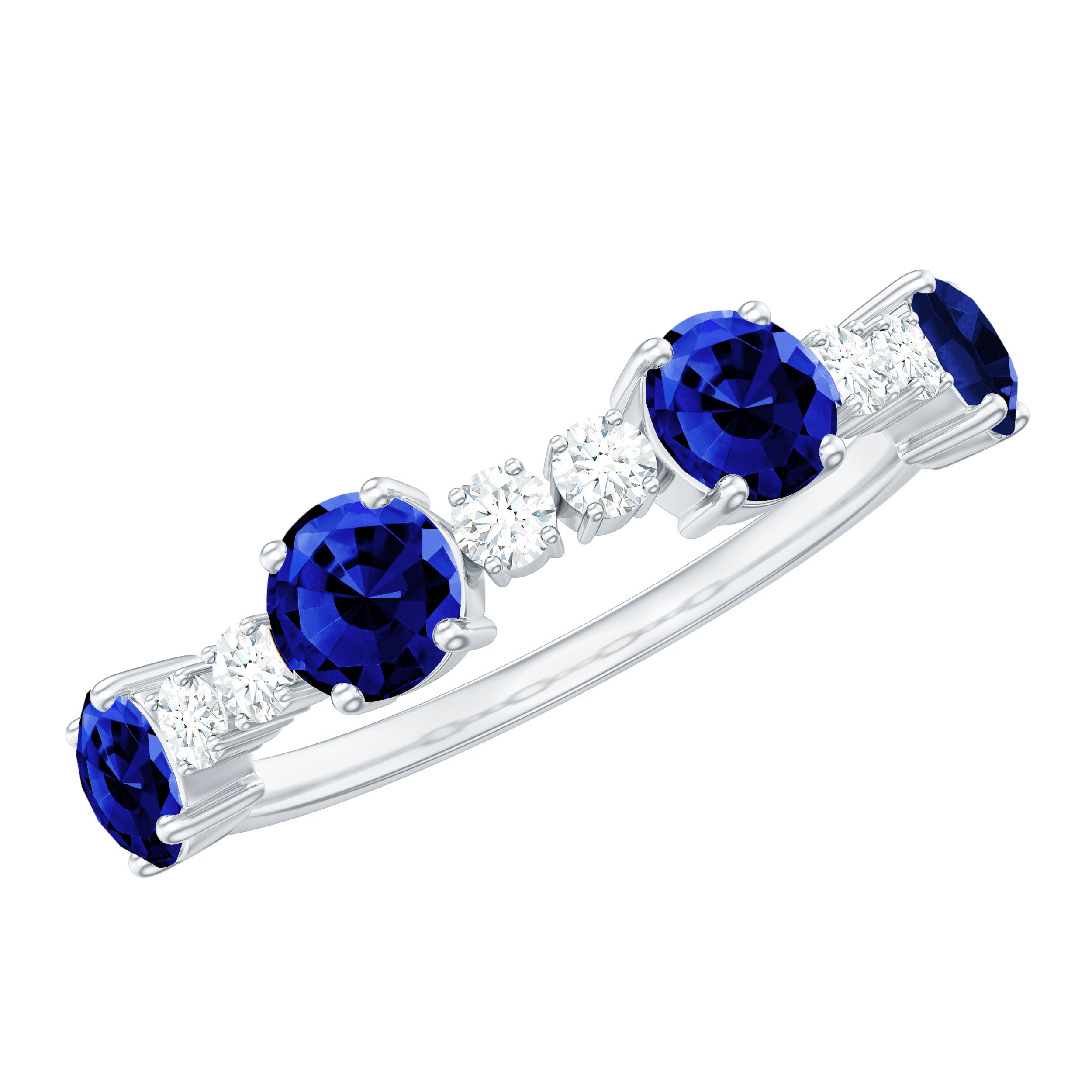 Round Created Blue Sapphire and Diamond Alternate Half Eternity Ring