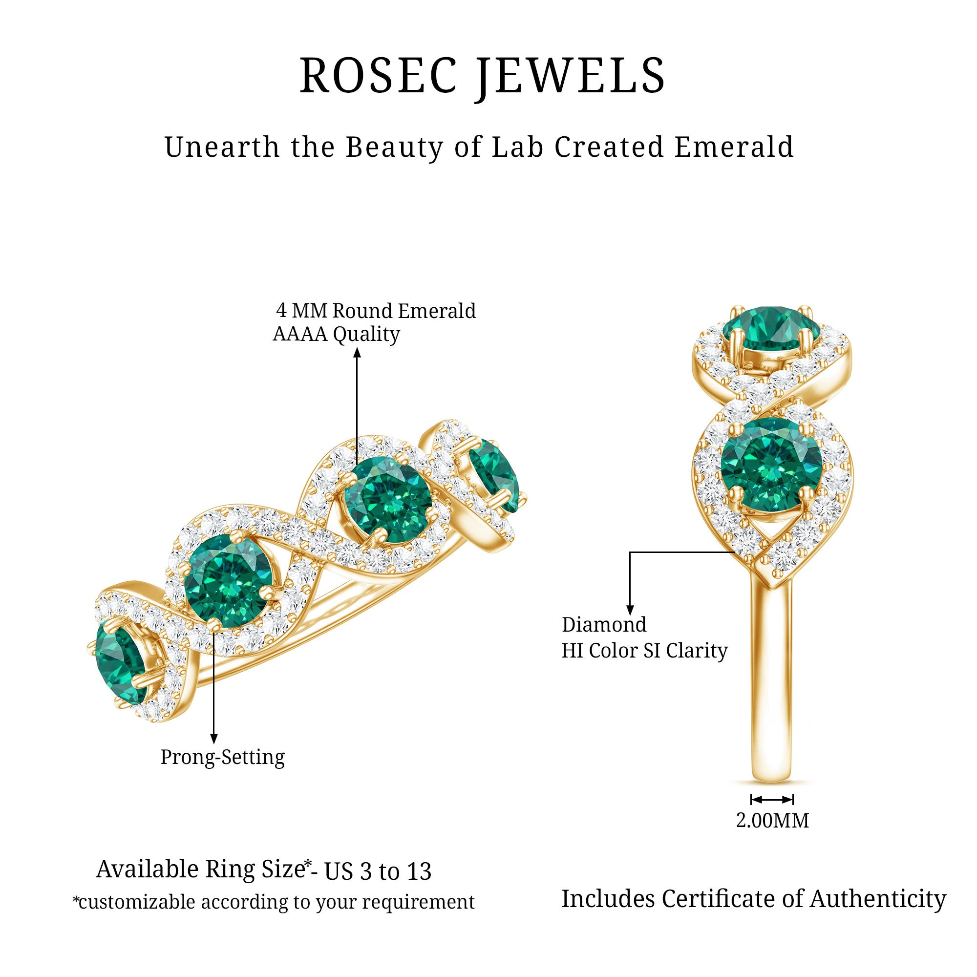 Certified Lab Grown Emerald Diamond Infinity Half Eternity Band AAAA - Rosec Jewels