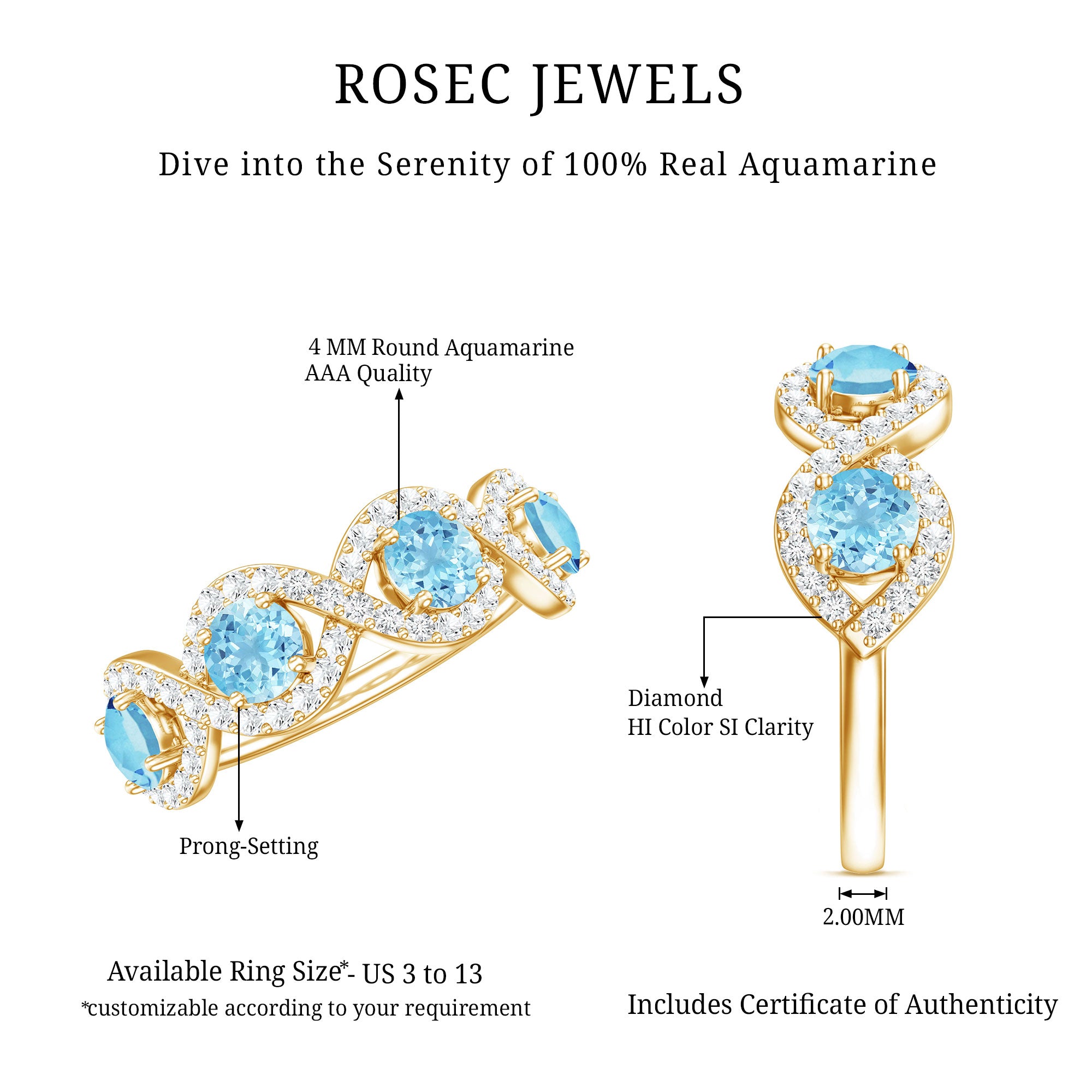 Braided Half Eternity Ring with Genuine Aquamarine and Diamond AAA - Rosec Jewels