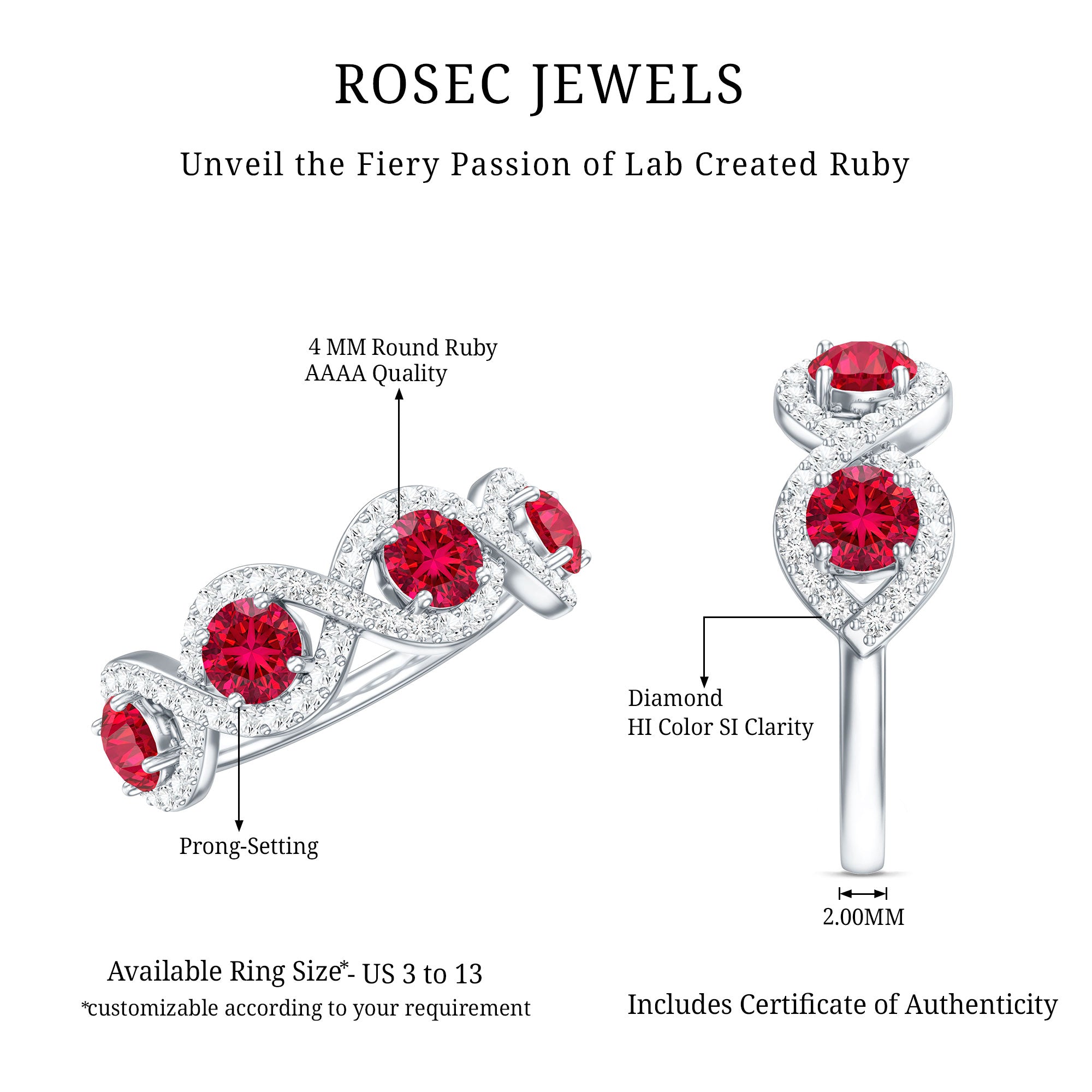 Certified Lab Created Ruby Half Eternity Infinity Ring with Diamond AAAA - Rosec Jewels