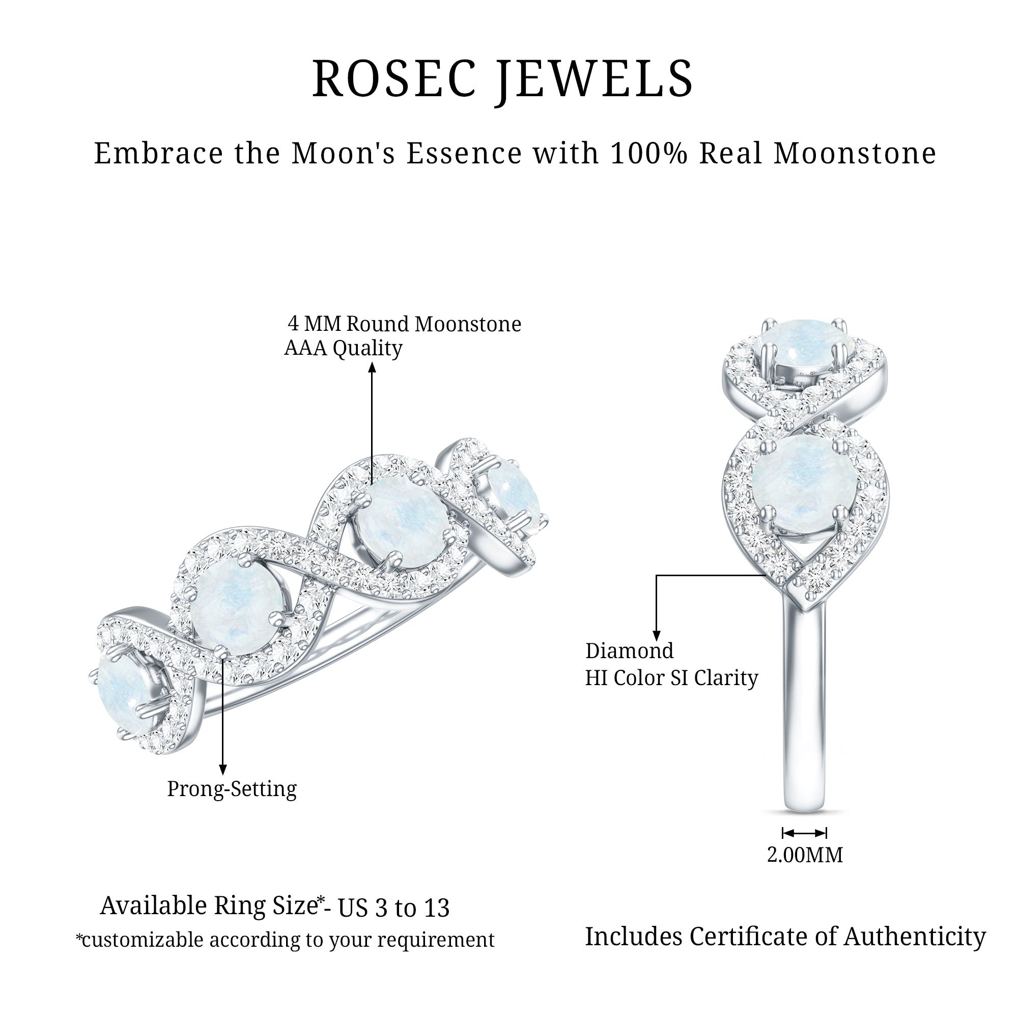 Rosec Jewels-Genuine Moonstone Half Eternity Ring with Diamond