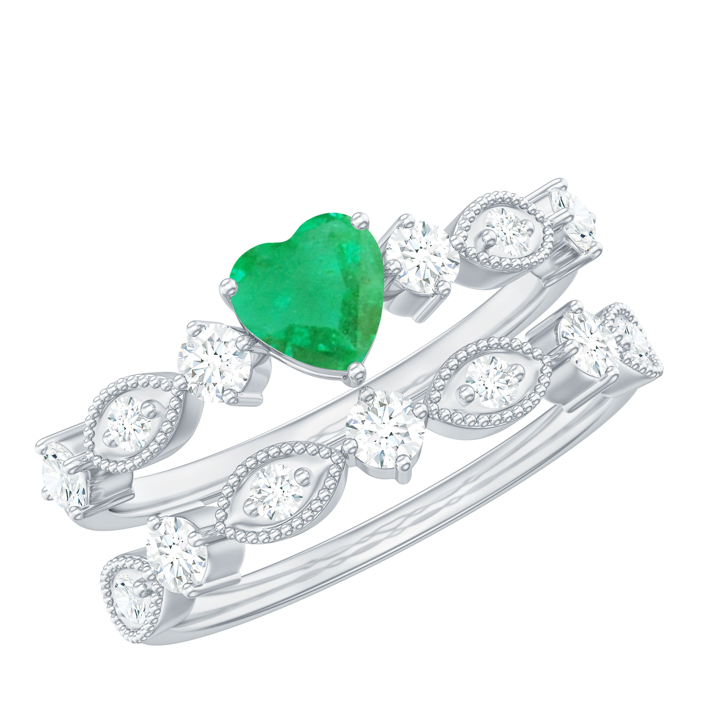 Natural Emerald Heart Shaped Engagement Ring and Diamond Wedding Band