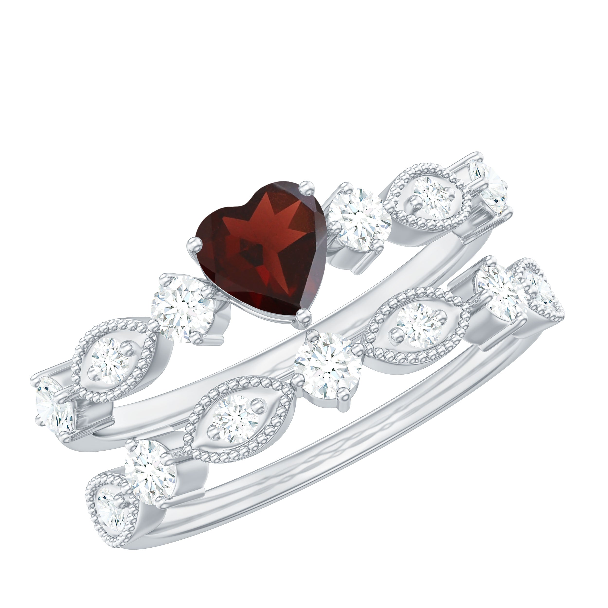 Rosec Jewels-Natural Garnet Diamond Heart Engagement Ring with Wedding Band