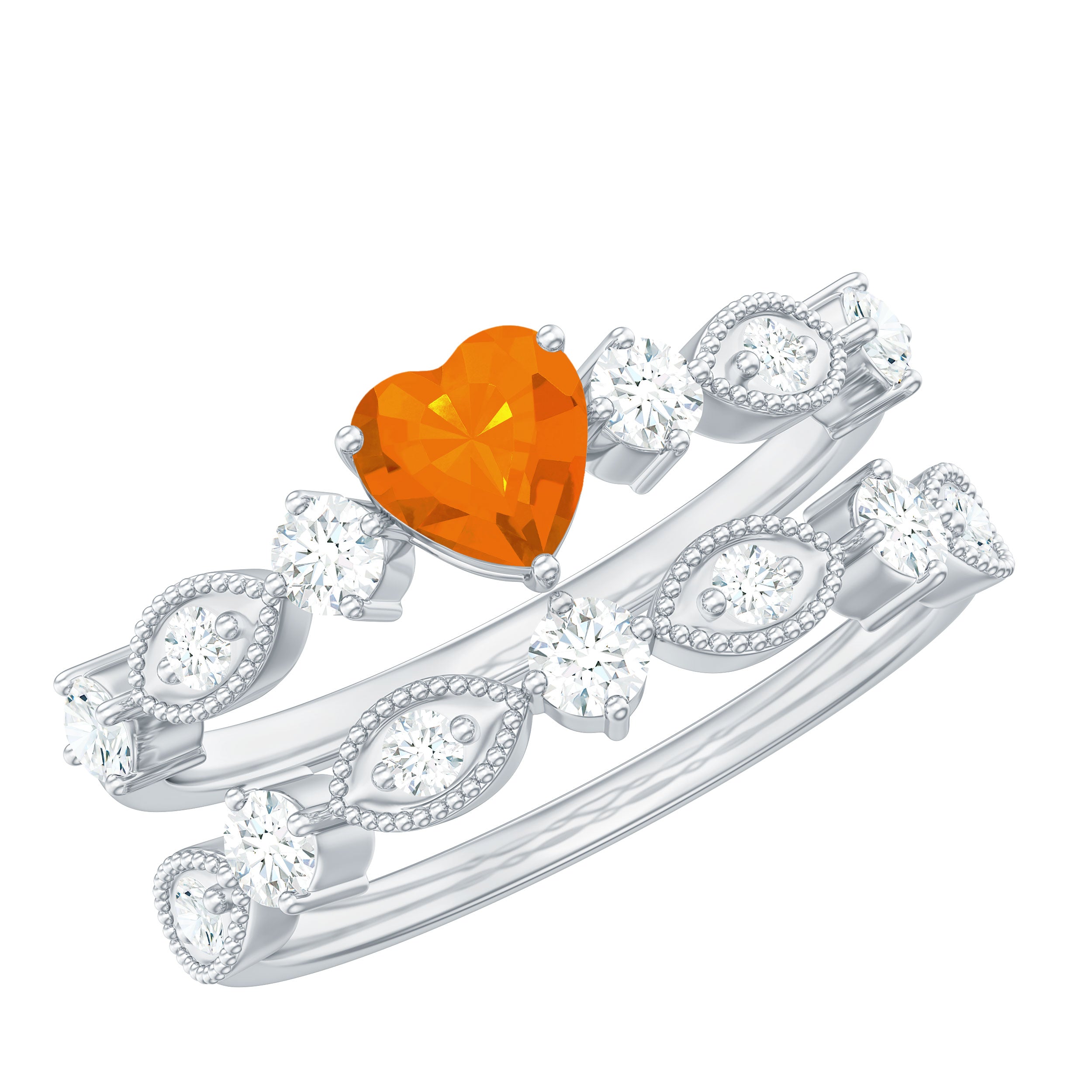 Vintage Inspired Fire Opal and Diamond Wedding Ring Set AAA - Rosec Jewels
