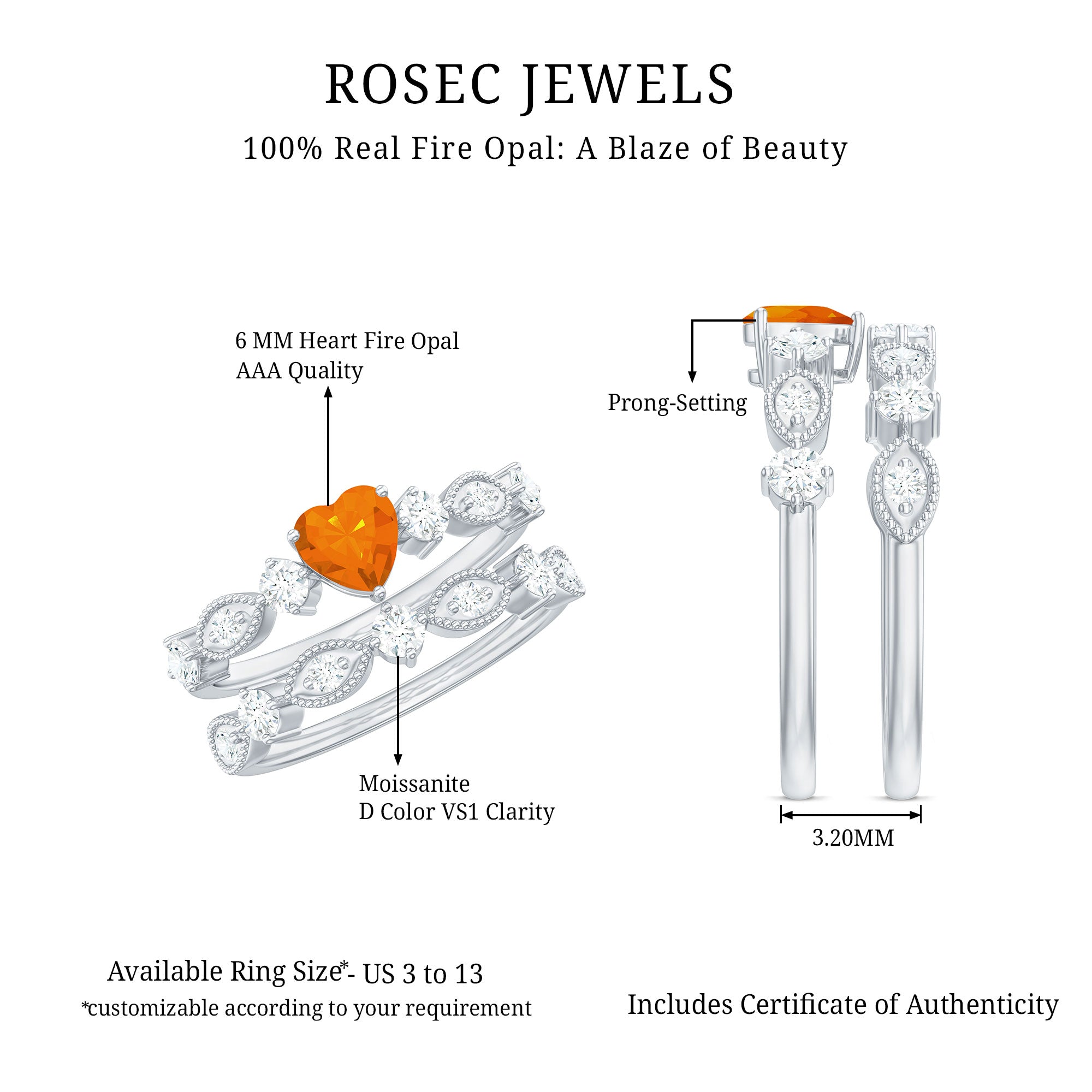 Vintage Inspired Fire Opal and Diamond Wedding Ring Set AAA - Rosec Jewels
