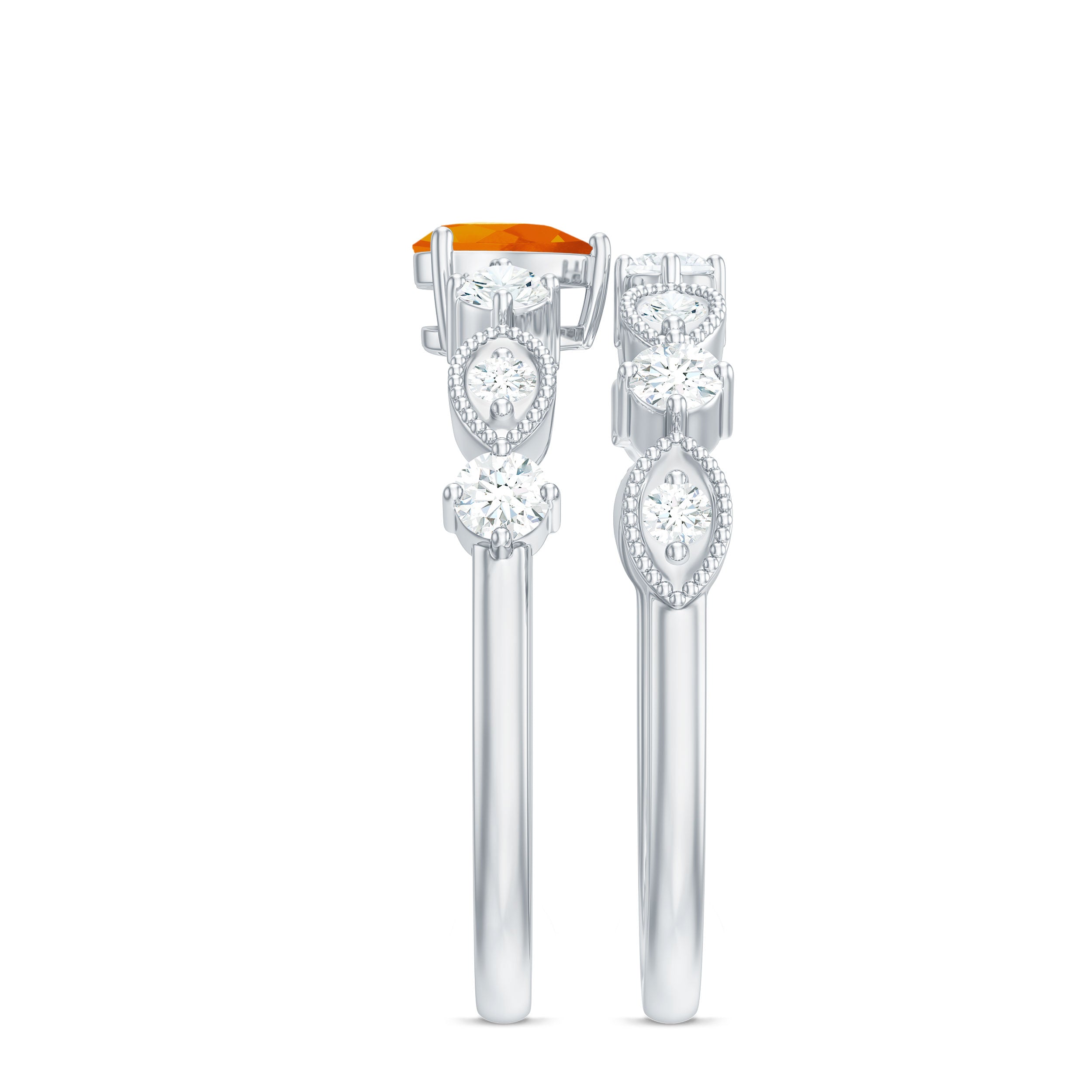 Vintage Inspired Fire Opal and Diamond Wedding Ring Set AAA - Rosec Jewels