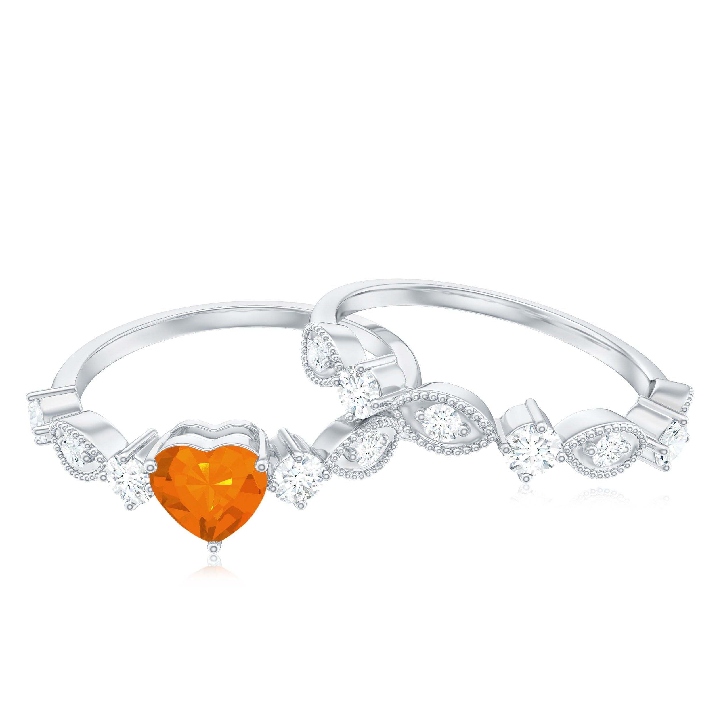 Vintage Inspired Fire Opal and Diamond Wedding Ring Set AAA - Rosec Jewels