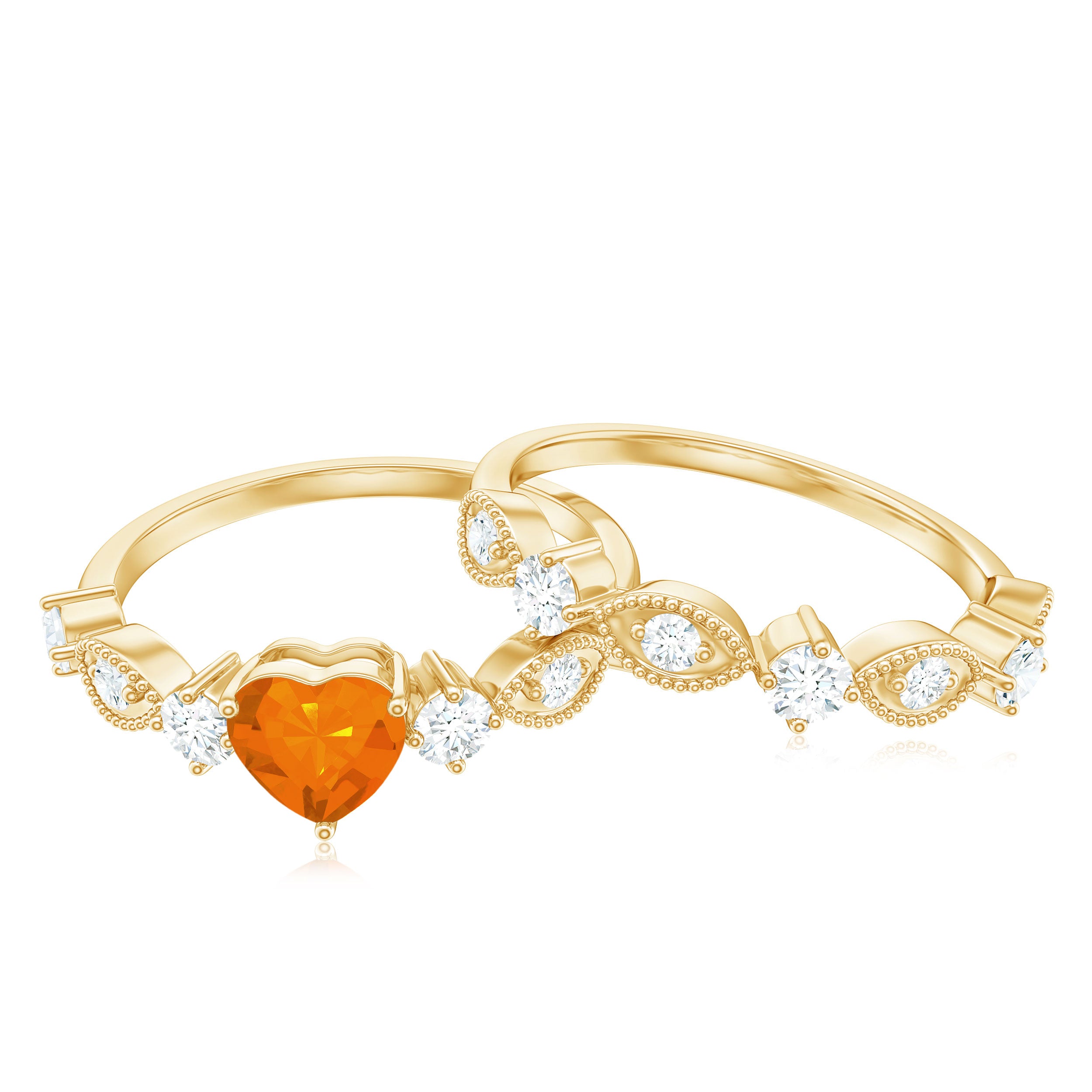 Vintage Inspired Fire Opal and Diamond Wedding Ring Set AAA - Rosec Jewels