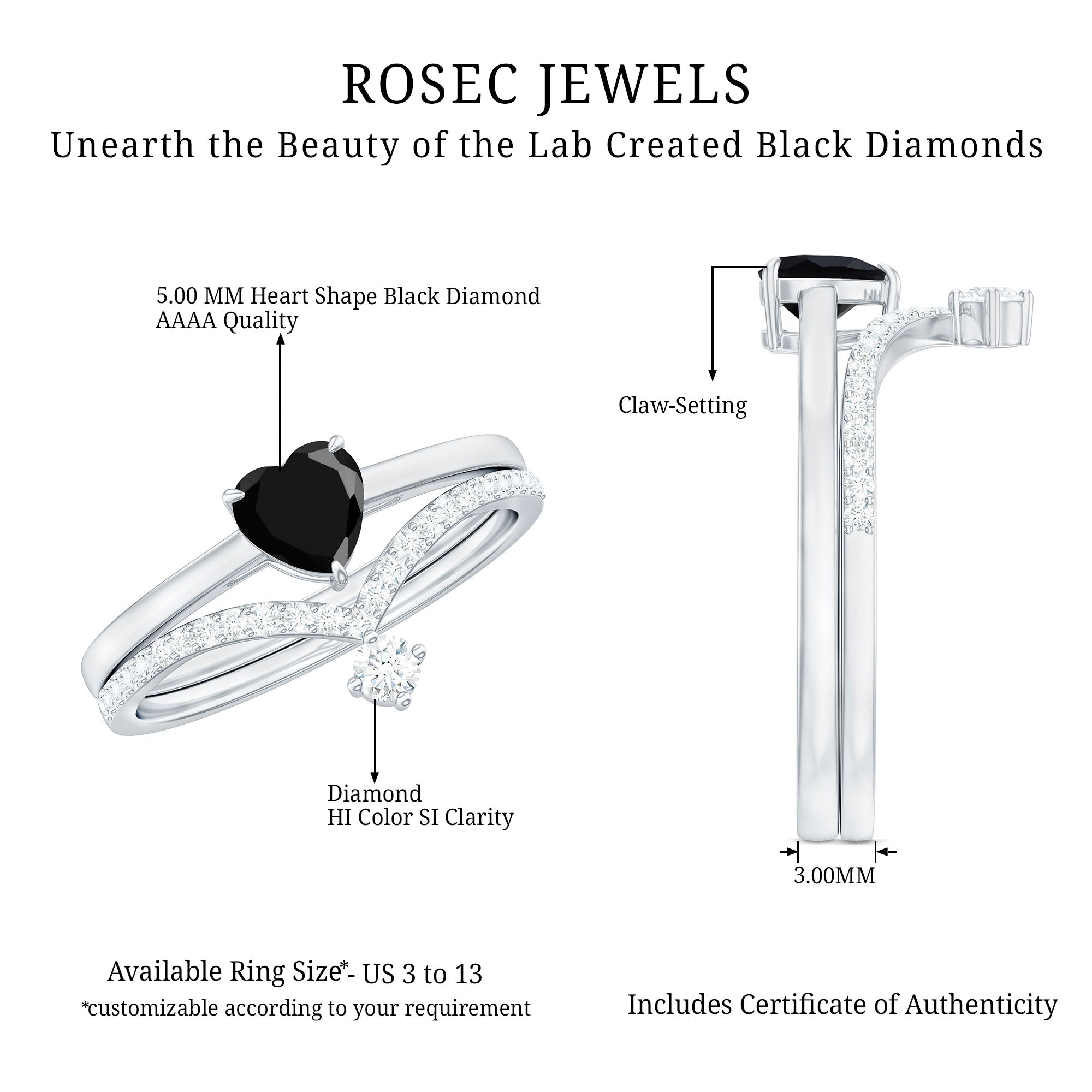 Heart Shape Created Black Diamond Solitaire Ring Set with Diamond AAAA ( Synthetic ) - Rosec Jewels