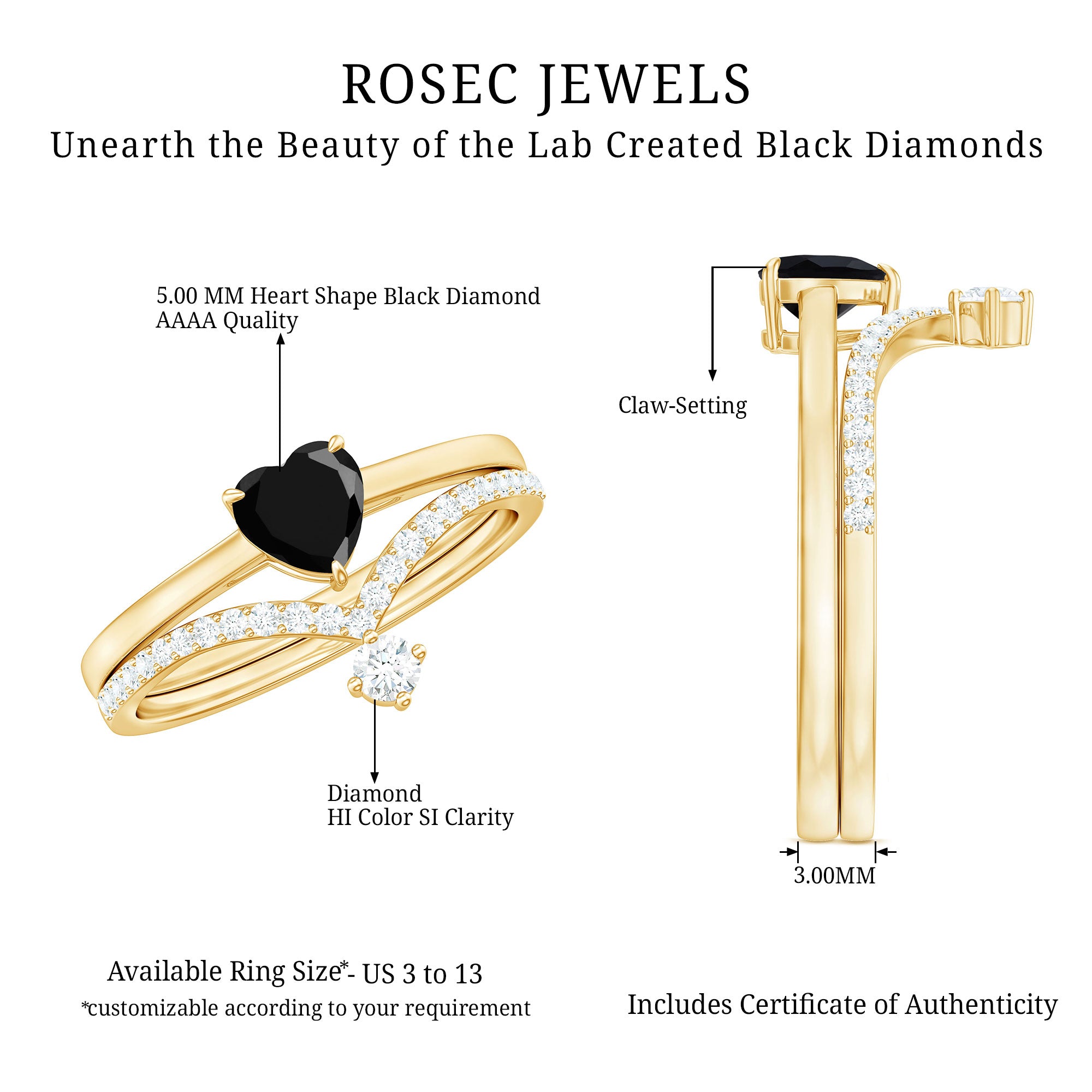 Heart Shape Created Black Diamond Solitaire Ring Set with Diamond AAAA ( Synthetic ) - Rosec Jewels