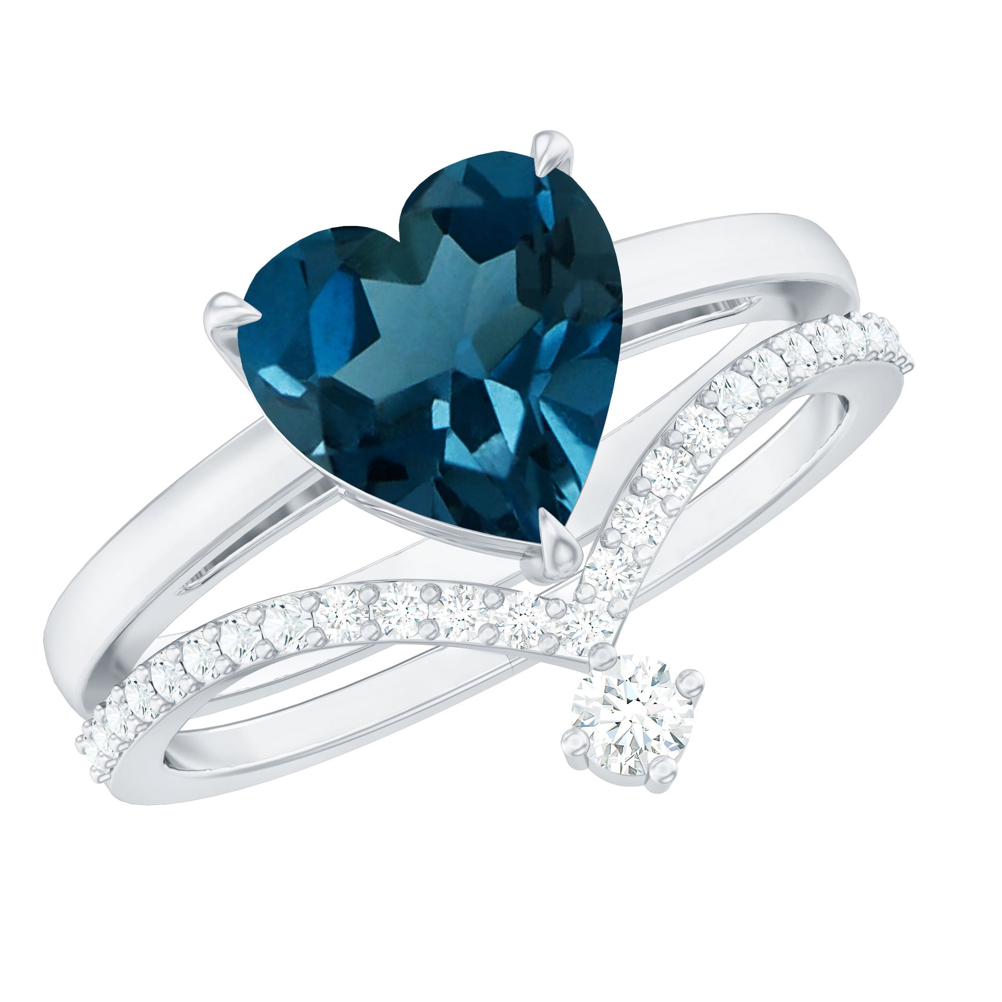 Rosec Jewels-8mm Heart Shaped London Blue Topaz Solitaire Ring Set with Diamond Curved Band