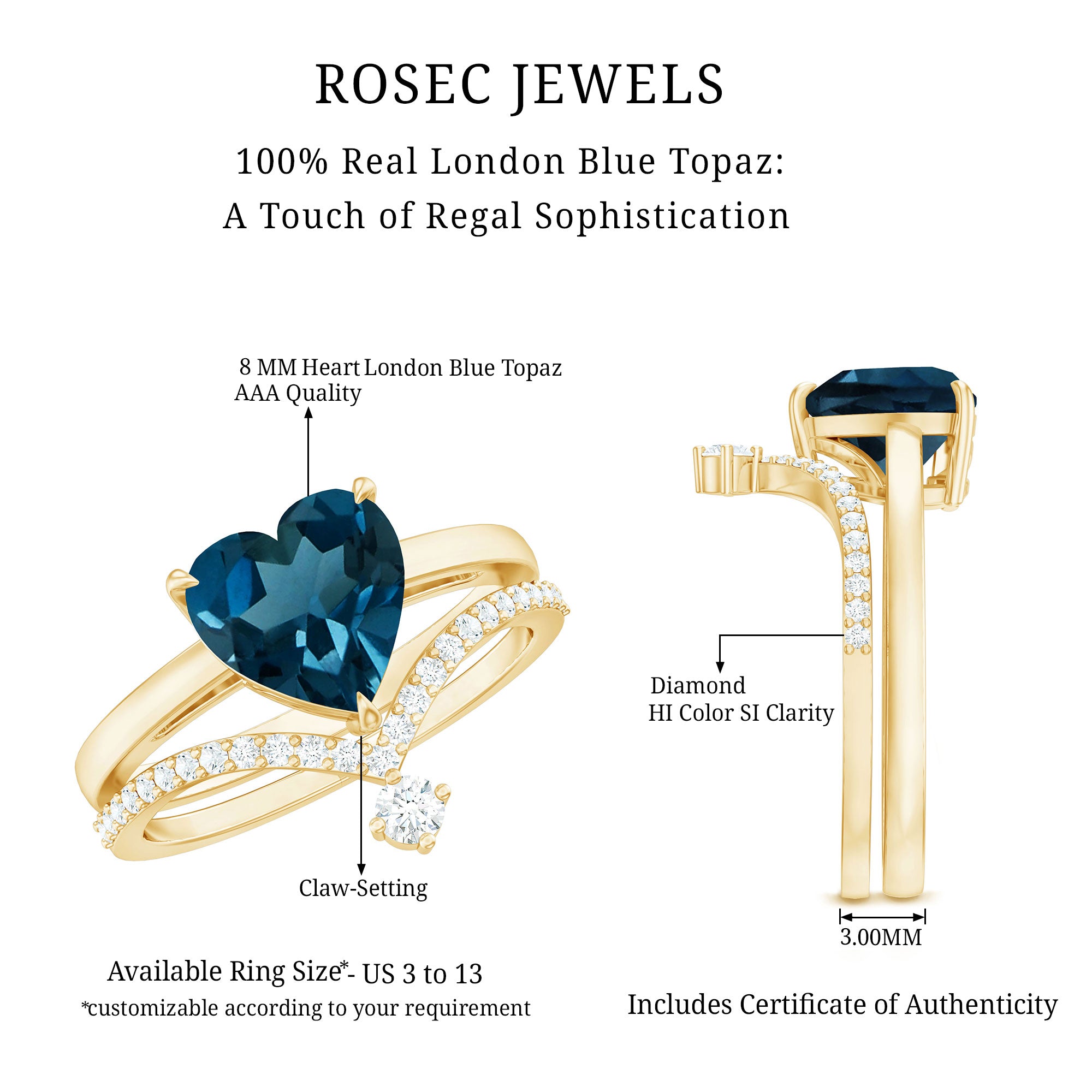 Rosec Jewels-8mm Heart Shaped London Blue Topaz Solitaire Ring Set with Diamond Curved Band